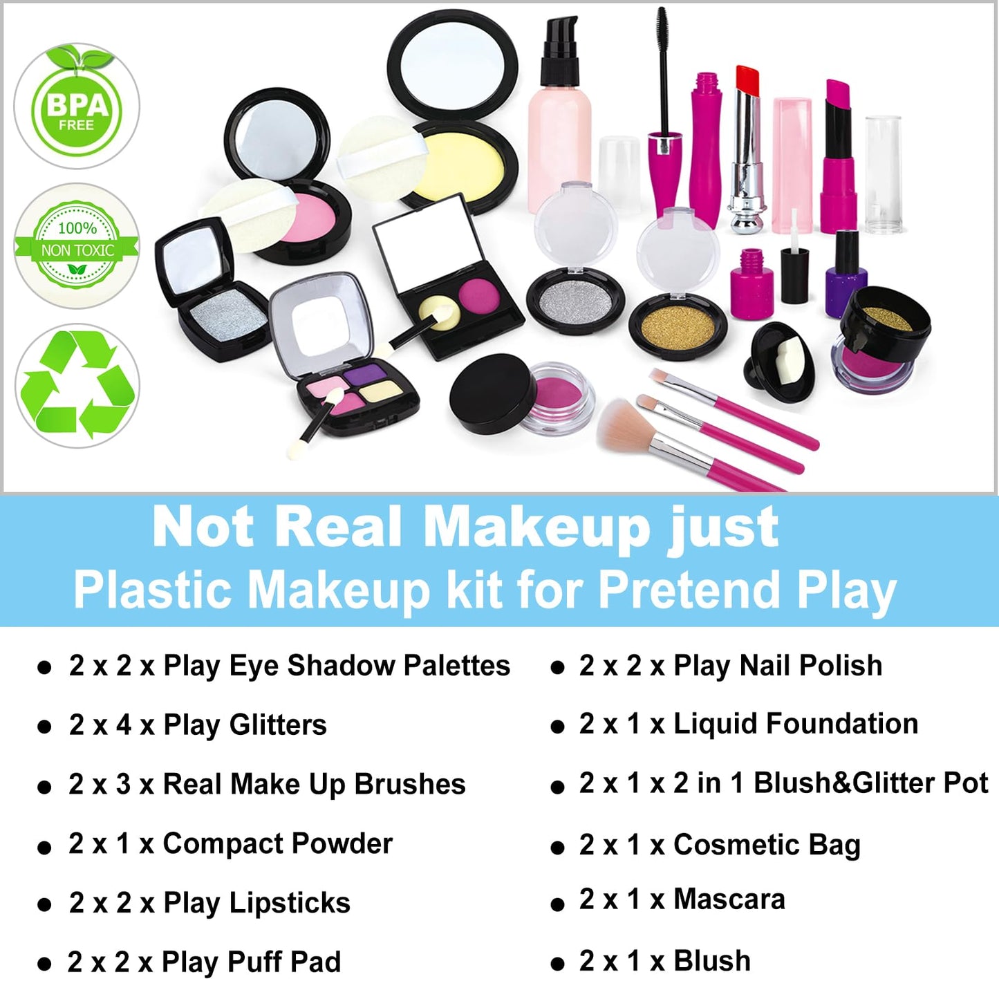 TEPSMIGO 2 Pack Pretend Makeup Kit for Girls, Kids Pretend Play Makeup Set - with Cosmetic Bag for Birthday Christmas, Toy Makeup Set for Little Girls Age 3+(Not Real Makeup)