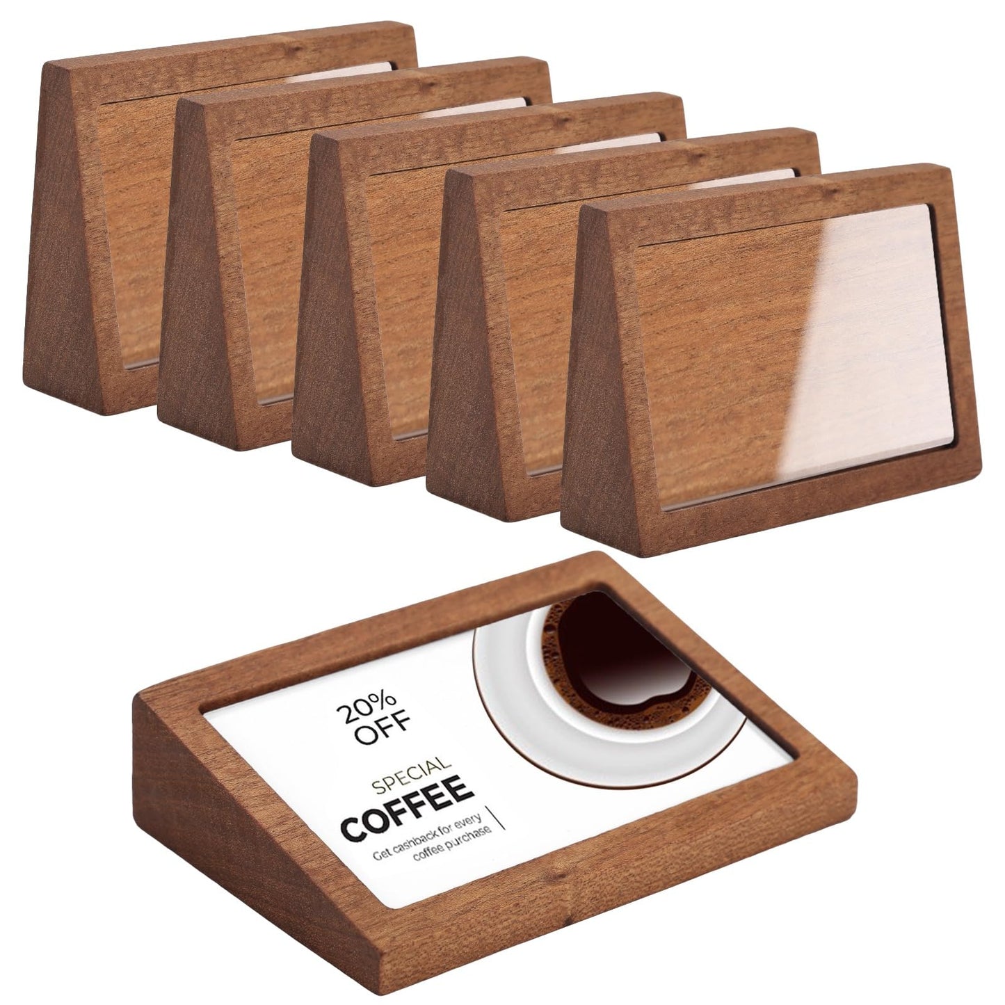 NIMBLOOM 6 Pcs Wood Label Holder Stand, 4.1 x 2.8 x 0.9 in Slanted Place Card Stands with Clear Acrylic Display, Versatile Desktop Sign Holder Stands for Retail Store, Cafe, Tea Shop, Bakery