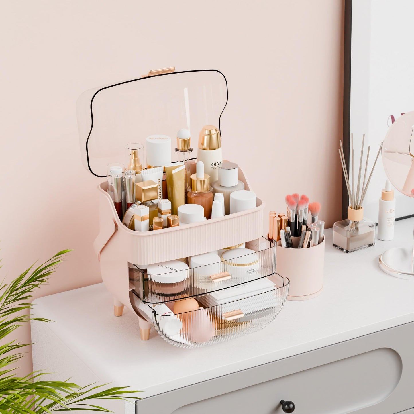 Yieach Countertop Makeup Organizer With Lid,Large Skincare Organizers With 2 Drawers,Dustproof Cosmetic Display Cases for Bathroom,Dresser,Lotion,Beauty,Skin Care Holder,Makeup Storage Organizer,Pink