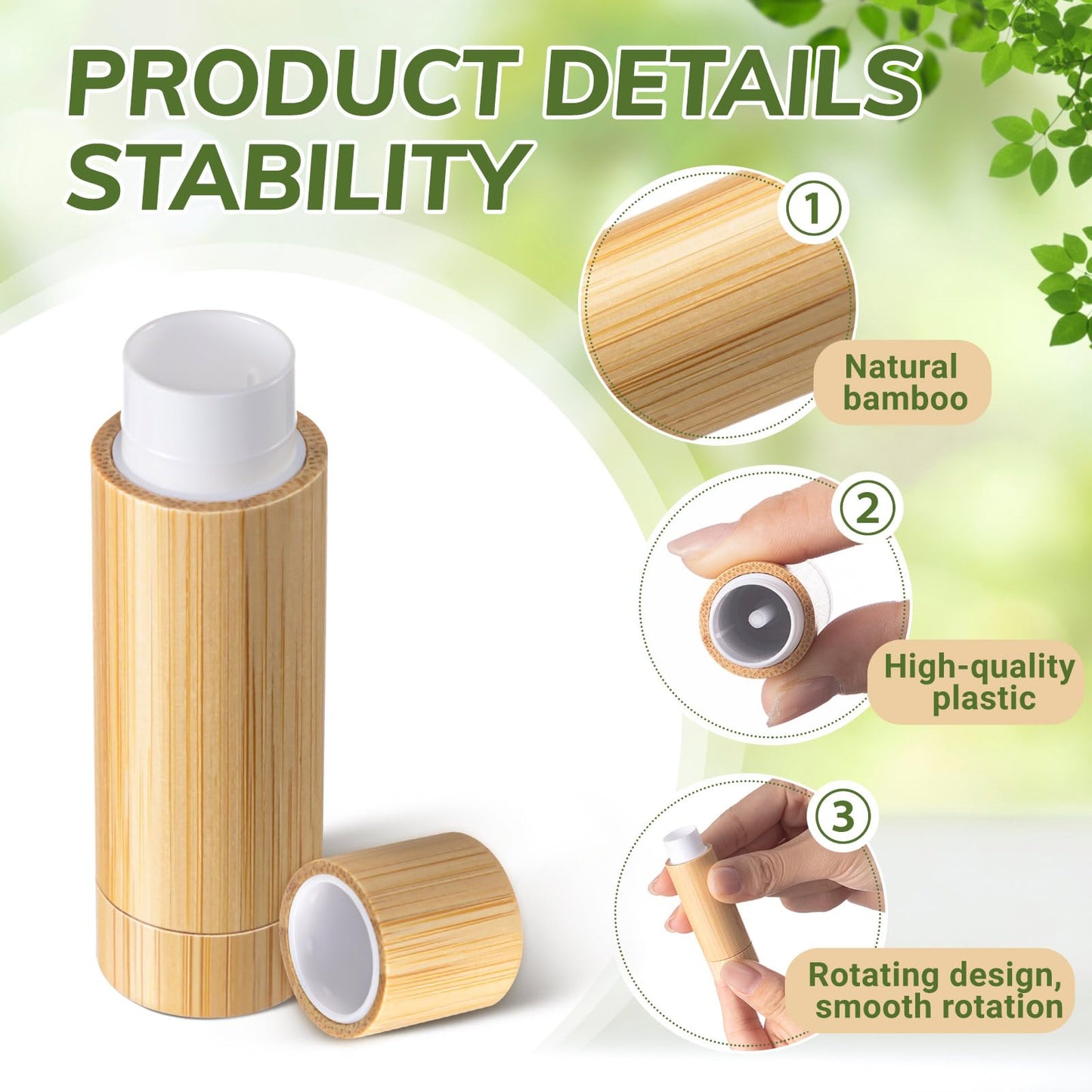 Leinuosen 48 Pcs Bamboo Empty Lipstick Tubes, Refillable 5g Lip Balm Containers with Rotable Plastic Inner for Women Girl DIY Cosmetic Lip Gloss Tubes for Lipstick, Deodorant, Solid Perfume, Makeup