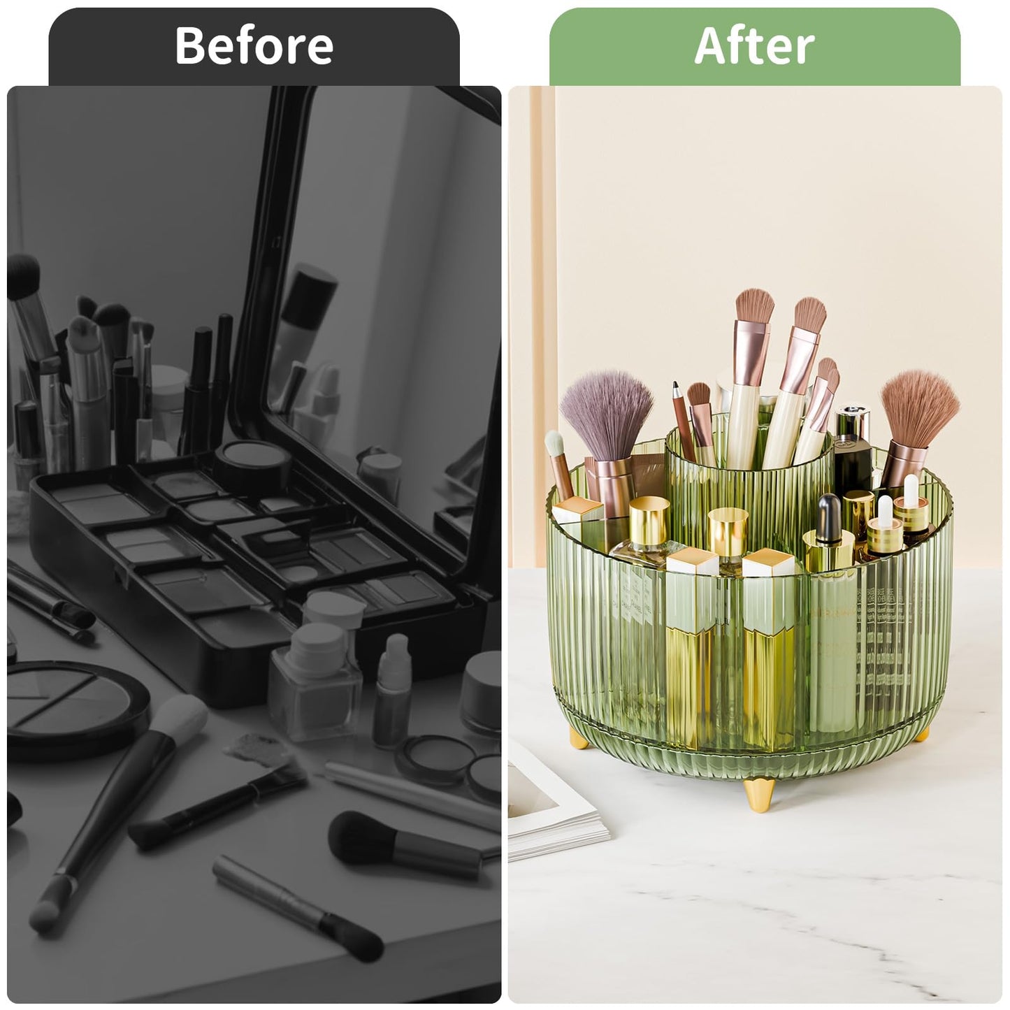 fanado 360° Rotate Makeup Brush Holder Organizer, Makeup Organizers Countertop, Makeup organization and Skincare Storage for Vanity, Desktop, Bathroom (Clear Green)