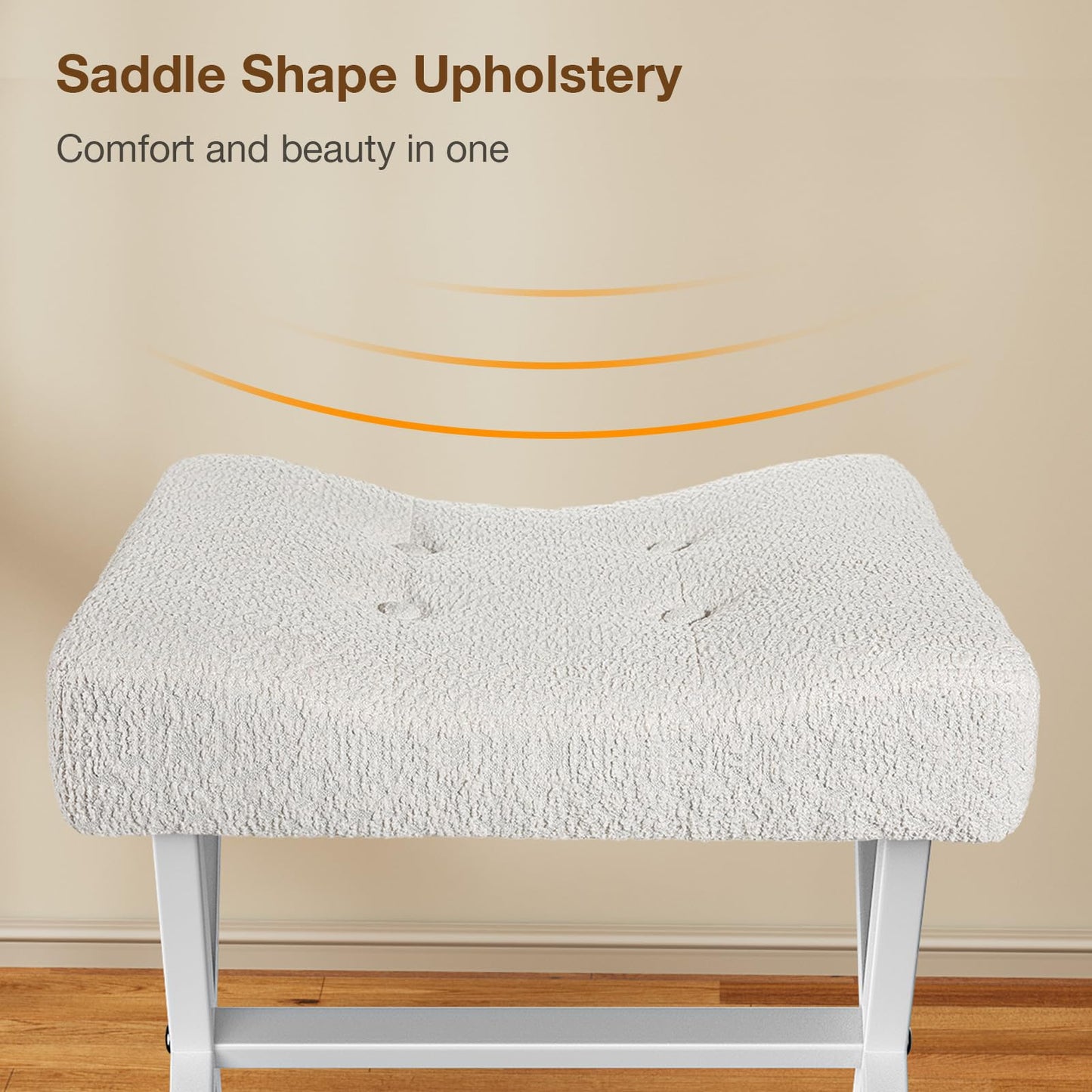 Memobarco 18-Inch Large Vanity Stool Chair, Vanity Bench with Metal X-Legs, Ottoman Accent Stool with Breathable and Soft Boucle Fabric Saddle Seat, White