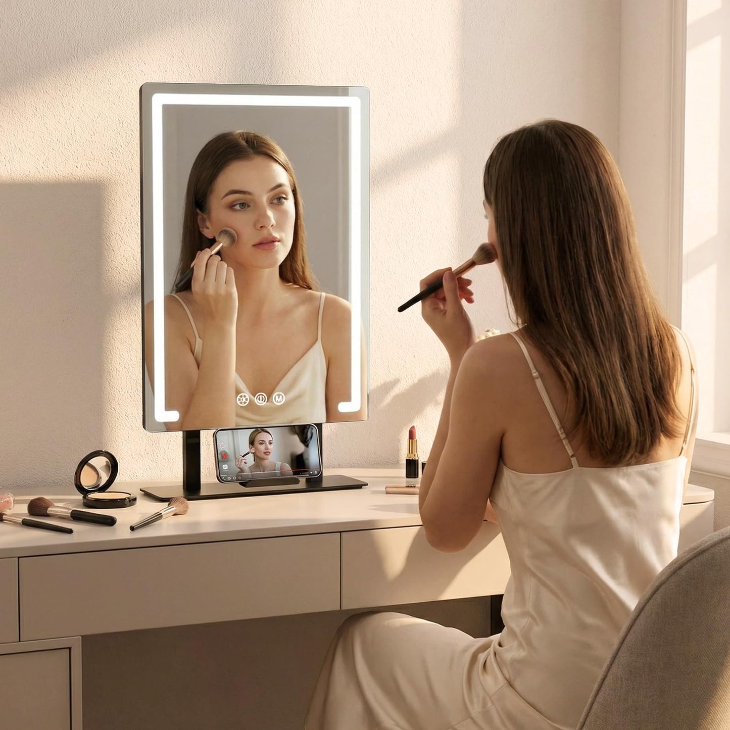 FRANO Vanity Mirror with Lights, 3 Color Lighting Modes, Detachable 10x Magnification, 4000mAh Rechargeable Lighted Makeup Mirror, Smart Touch Control, Phone Holder, for Vanity Desk Tabletop