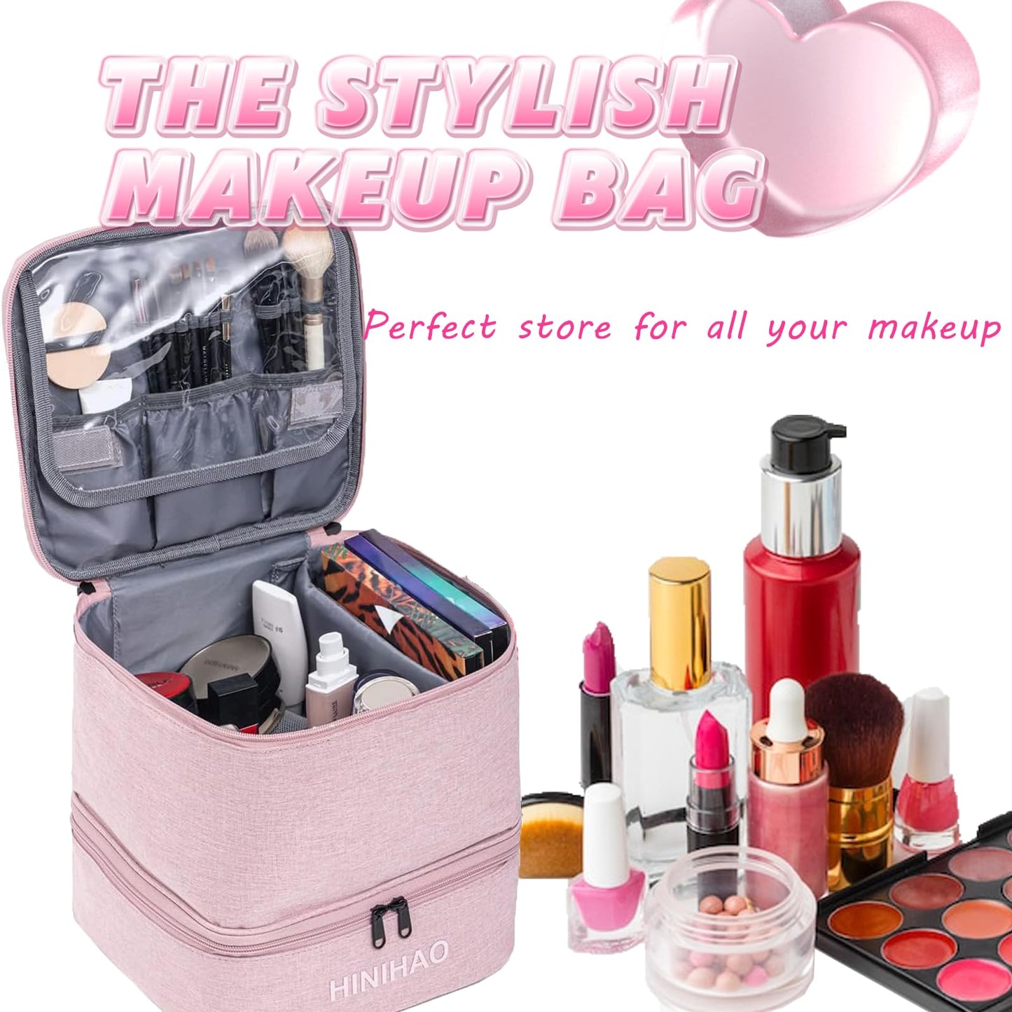 FAYYGYH Makeup Bag, Portable Cosmetic Bag, Travel Makeup Organizer With Handle and Divider, Double Layer Large Organizer Bag, Adjustable Dividers and Brush Organize area- Pink (makeup bag-lage)