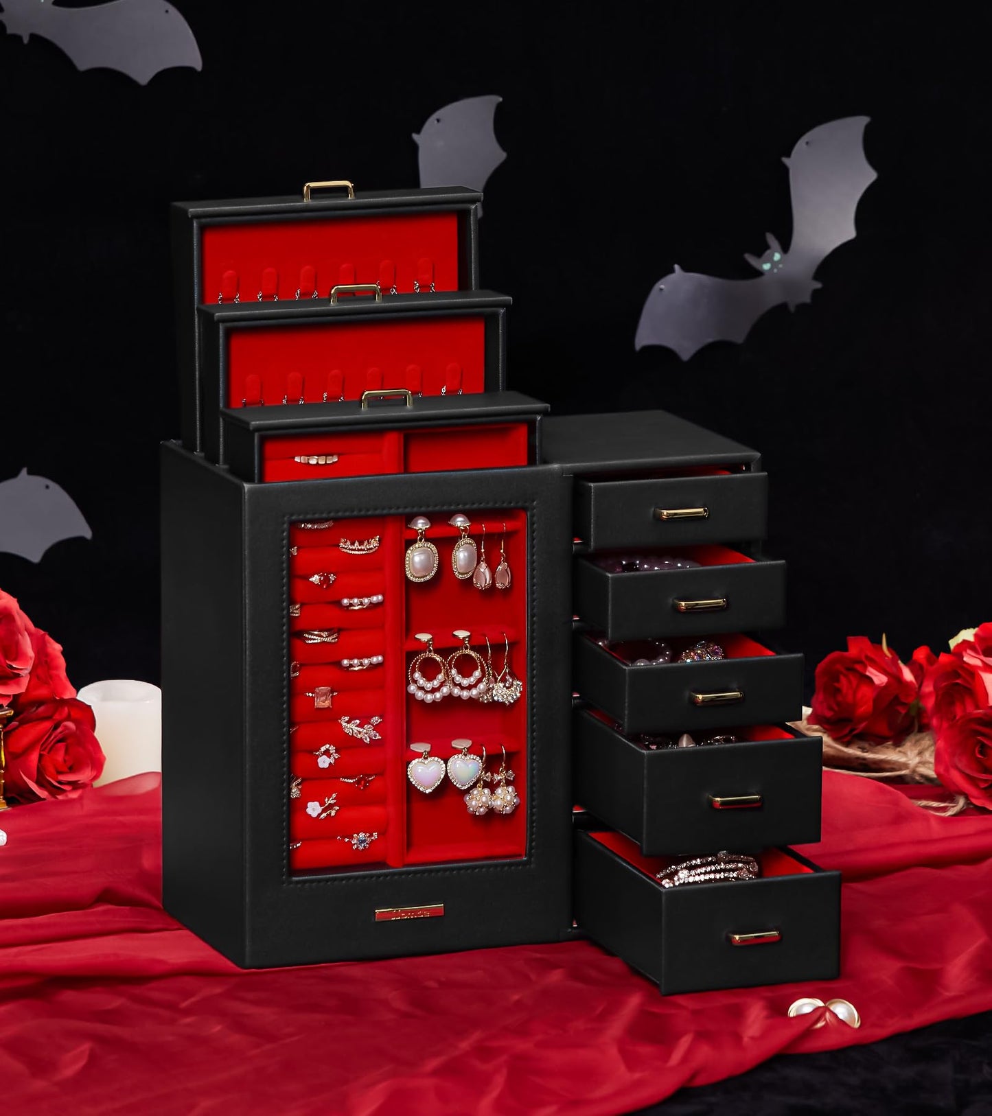 Homde Jewelry Organizer large for Dresser: Big Jewelry Box for Women - Holder with Drawers - Elegent Necklace Earring Ring Display Modern Gift (Black + Red+ Gold)