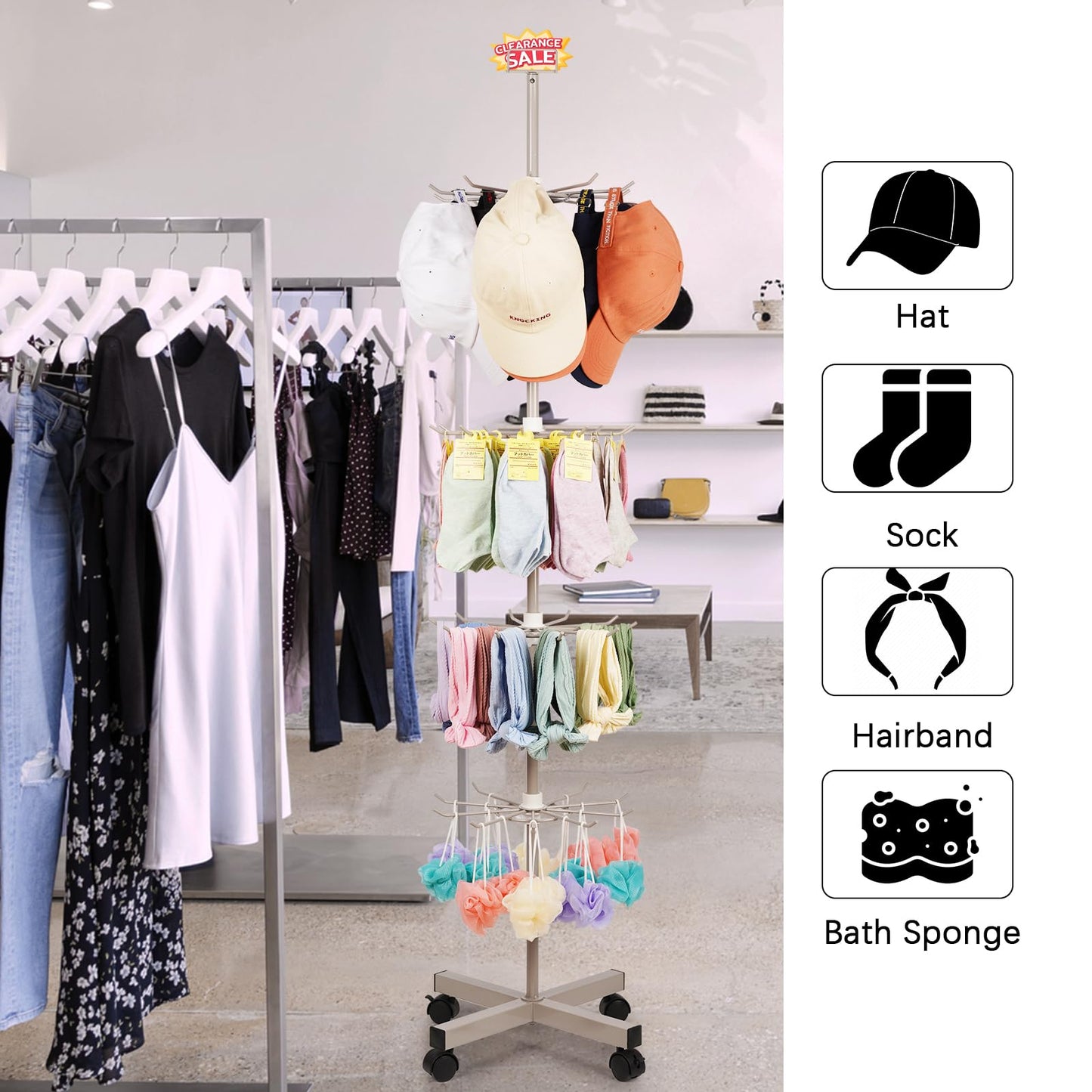 Exttlliy Retail Display Stand Store Display Rack 5 Tier Metal Spinning Display Stand Rack with Wheels Keychain Jewelry Stocking Hat Display Stand with Hooks for Malls, Showroom, Retail Store (Grey)
