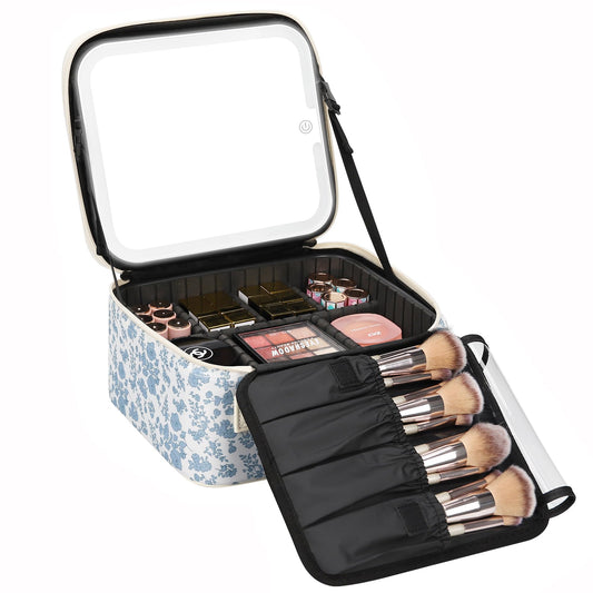 Relavel Travel Makeup Bag with LED Mirror, Portable Cosmetic Train Case with 3 Color Lighted Brightness Mirror, Makeup Artist Organizer Storage with Adjustable Dividers Make Up Box - Blue Flower