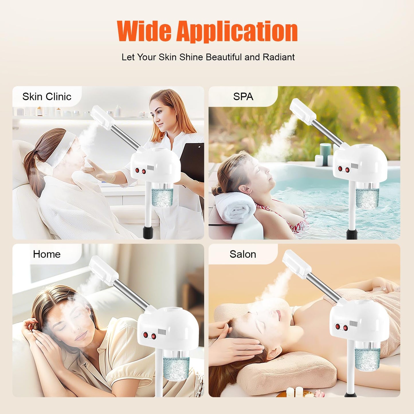 Professional Ozone Facial Steamer on Wheels, Adjustable Height, 360° Rotatable Nozzle, for Home and Salon
