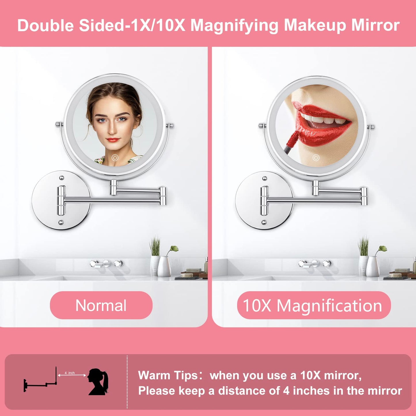 FFowcye 8" LED Wall Mounted Makeup Mirror, 1X/10X Magnifying Vanity Mirror with 3 Color Modes, 2000mAh Rechargeable 360° Swivel Extendable Arm, Polished Chrome for Bathroom Makeup, Shaving, Skincare