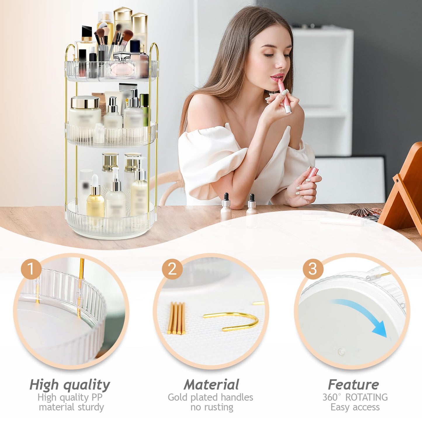 Fzebys Rotating Makeup Organizer for Vanity, High-Capacity Skincare Perfume Storage, Bathroom Counter Organizer, 360 Spinning Cosmetic Dresser Countertop Organizers (White 3 Tier)