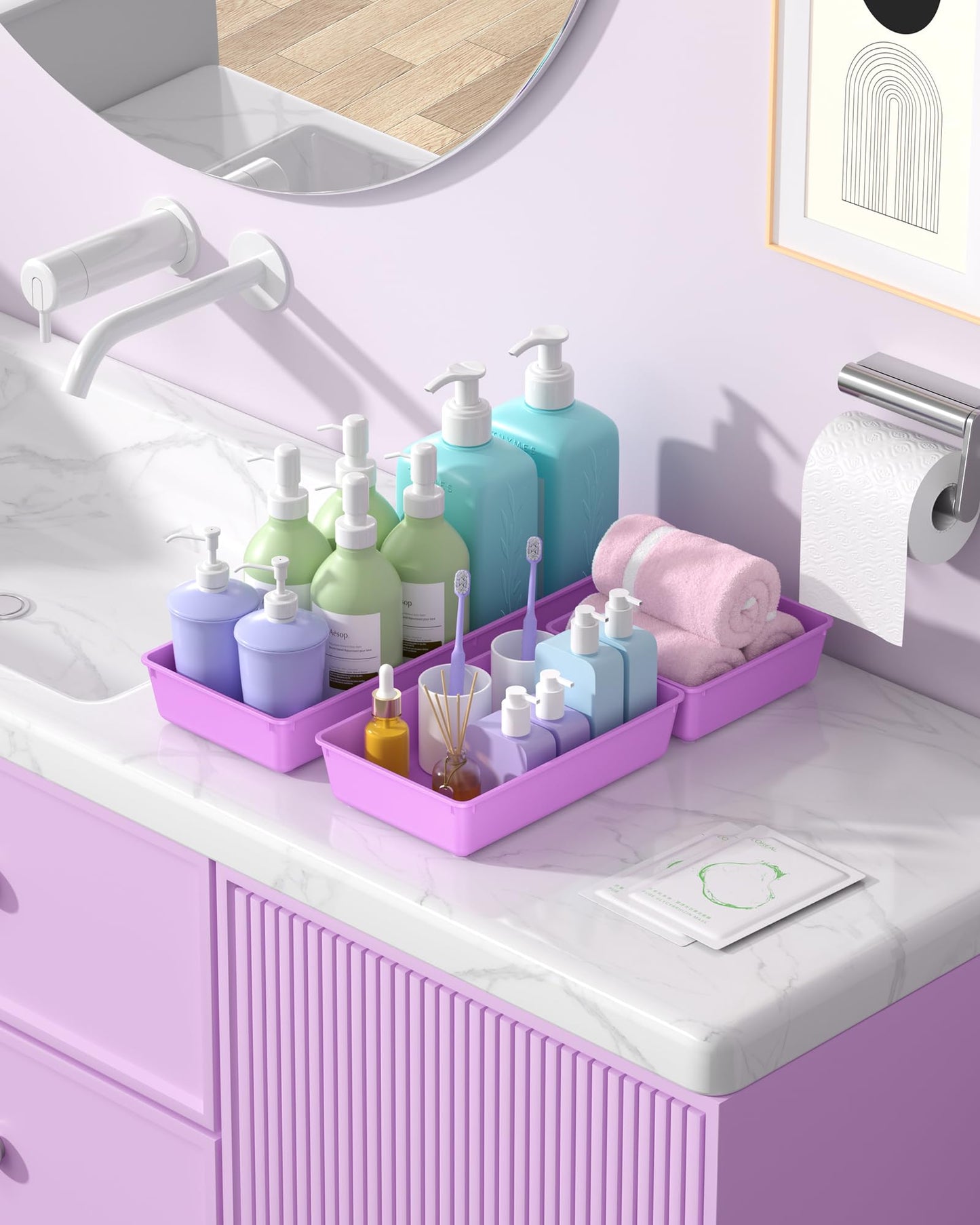 MLIKLU 10 Pack Large Size Plastic Drawer Organizers Set, 3 Sizes Desk Drawer Organizer Trays, Storage Bins for Vanity, Makeup, Bathroom, Kitchen Utensils and Office (Purple)