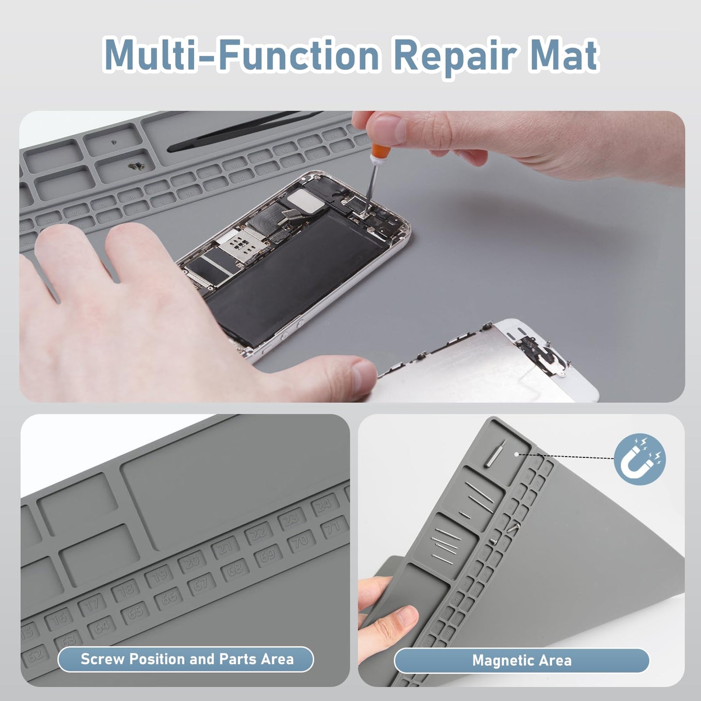 Heat Insulation Soldering Mat - Magnetic Silicone Work Mat, Silicone Soldering Mat for Soldering, Computer, Cell Phone, Watch Repair, BGA Soldering Gun Iron Workbench Protection (15.9''×11.9'') - Gray
