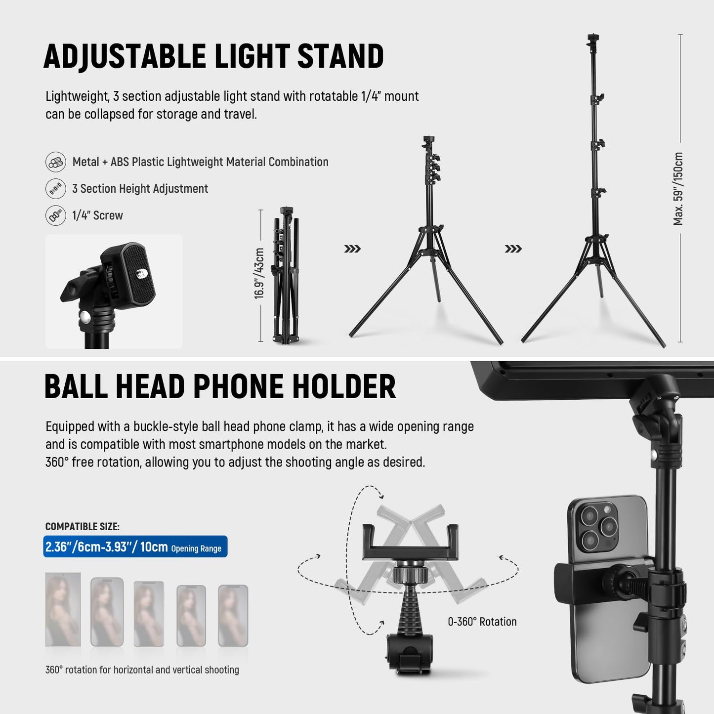 NEEWER Basics 2Pcs LED Video Light Panel with 59'' Tripod Stands/Phone Holders, 2700-6500K 850Lux Dimmable Plastic Studio Lighting for Photography Filming Recording Live Streaming, No Adapter, BP300