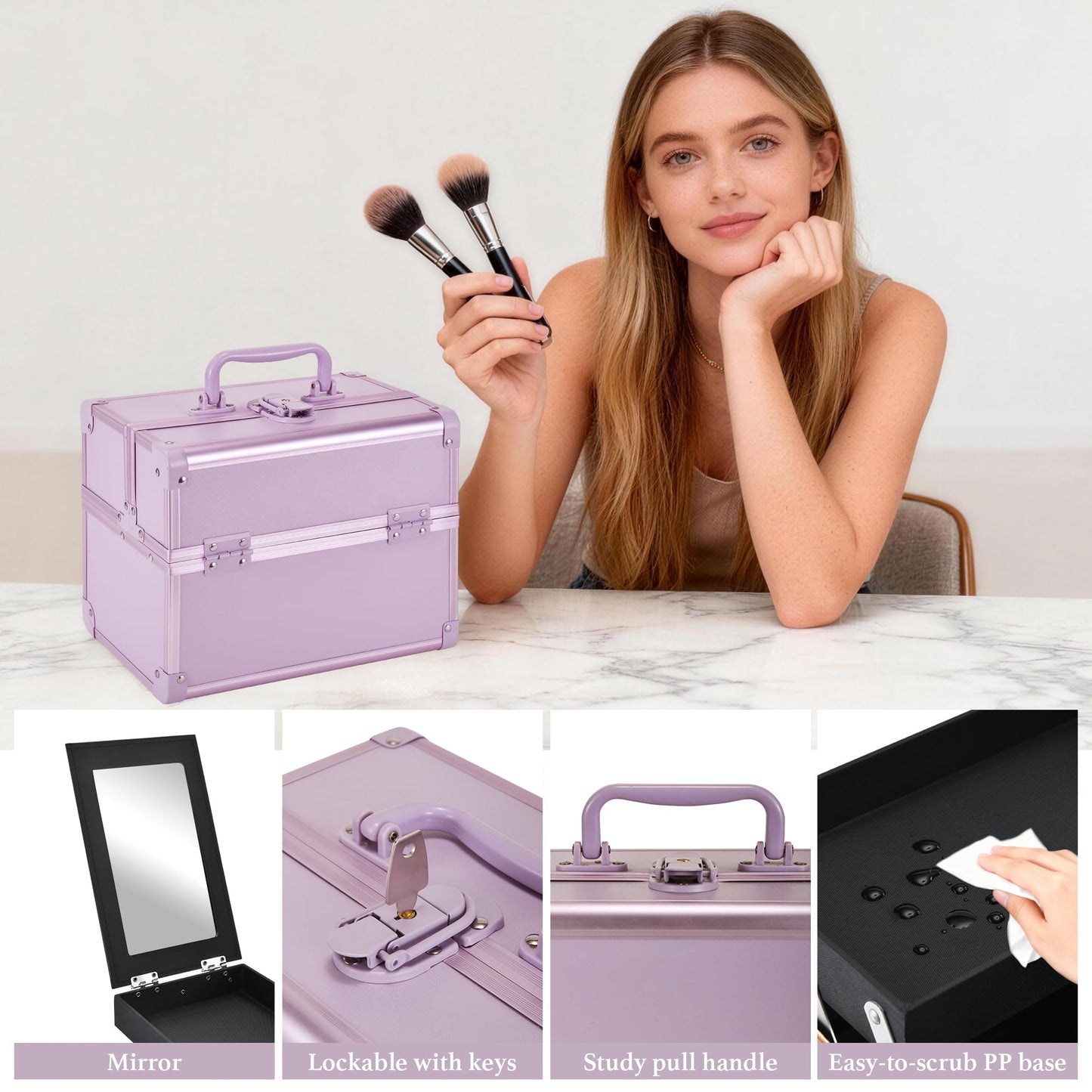 GALHUBIS Makeup Train Case, Portable Makeup Case with Mirror, 2-Trays Cosmetic Organizer Case,Nail Polish Organizer, Travel Makeup Box, Profesional for Salon Barber, Purple