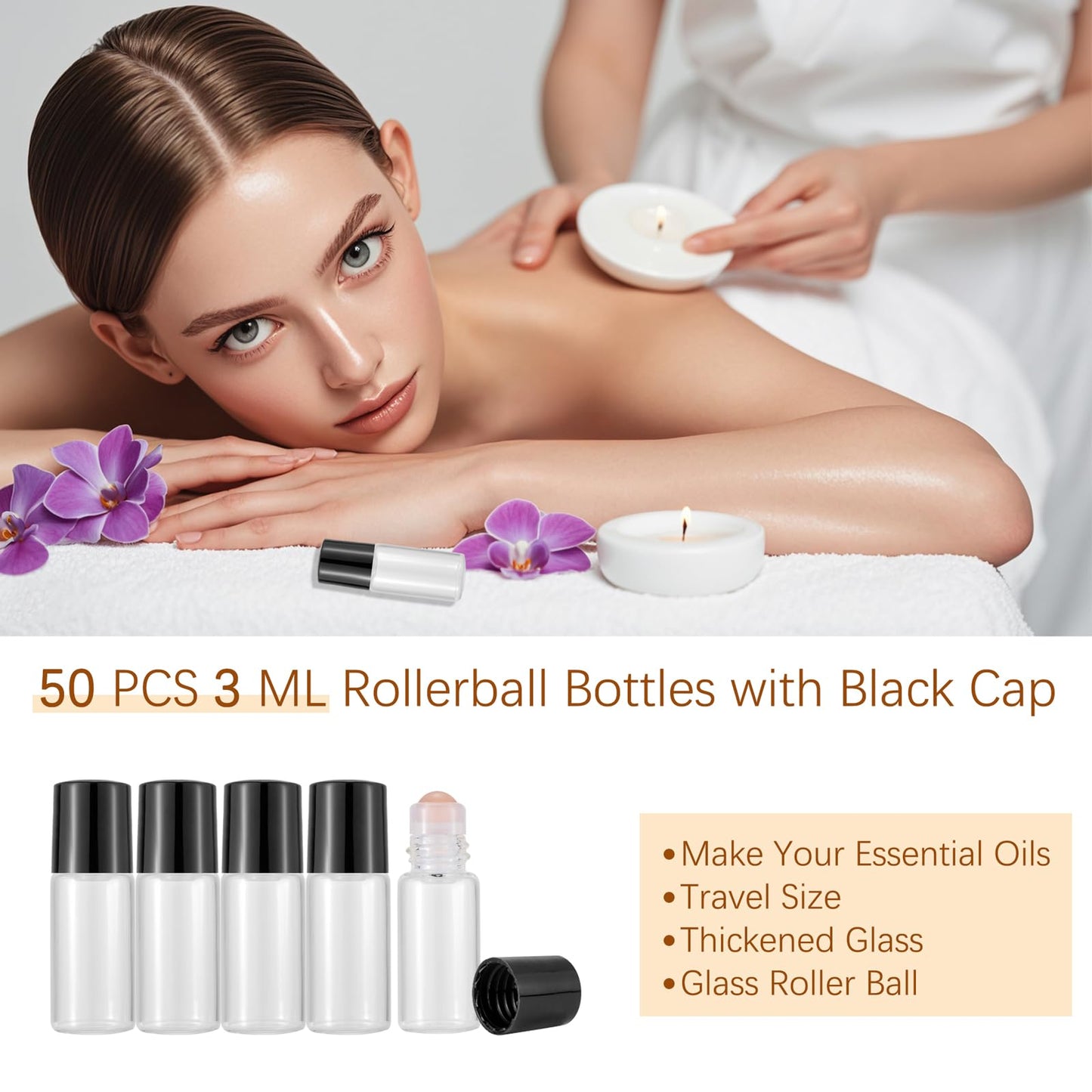 JIUWU 50pcs 3ml Mini Roller Bottles, 0.1oz Pink Glass Balls for Roll-on Bottles, Clear Empty Essential Oil Containers with Black Cap, Leak-Proof Refillable Travel Vials for Perfume Aromatherapy