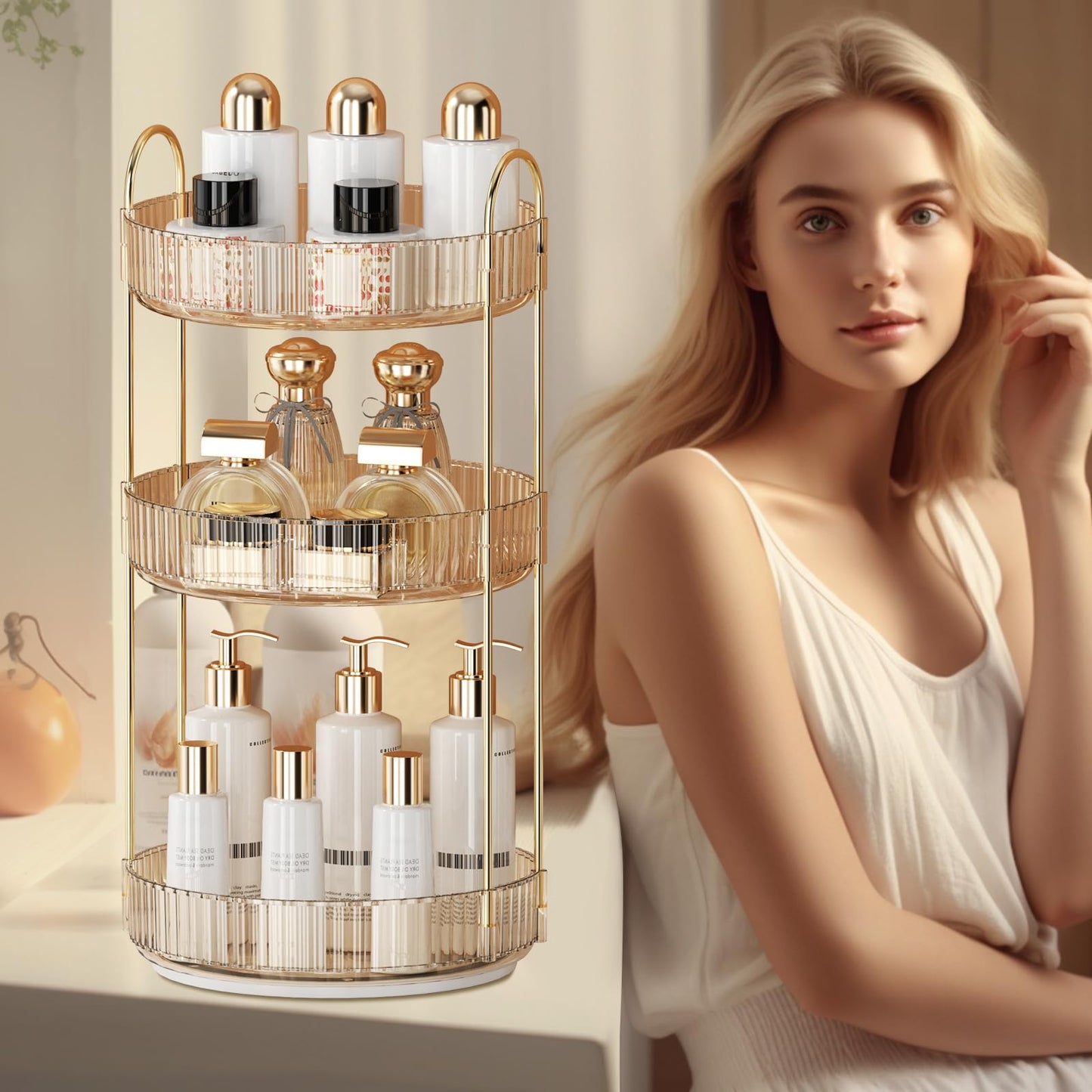 SiiMMM 360° Rotating Makeup Organizer for Vanity - 3 Tier Perfume Organizer with Large Capacity - Skincare Organizer for Bathroom Counter - Space-Saving Cosmetic Storage for Dresser Countertop (Gold)