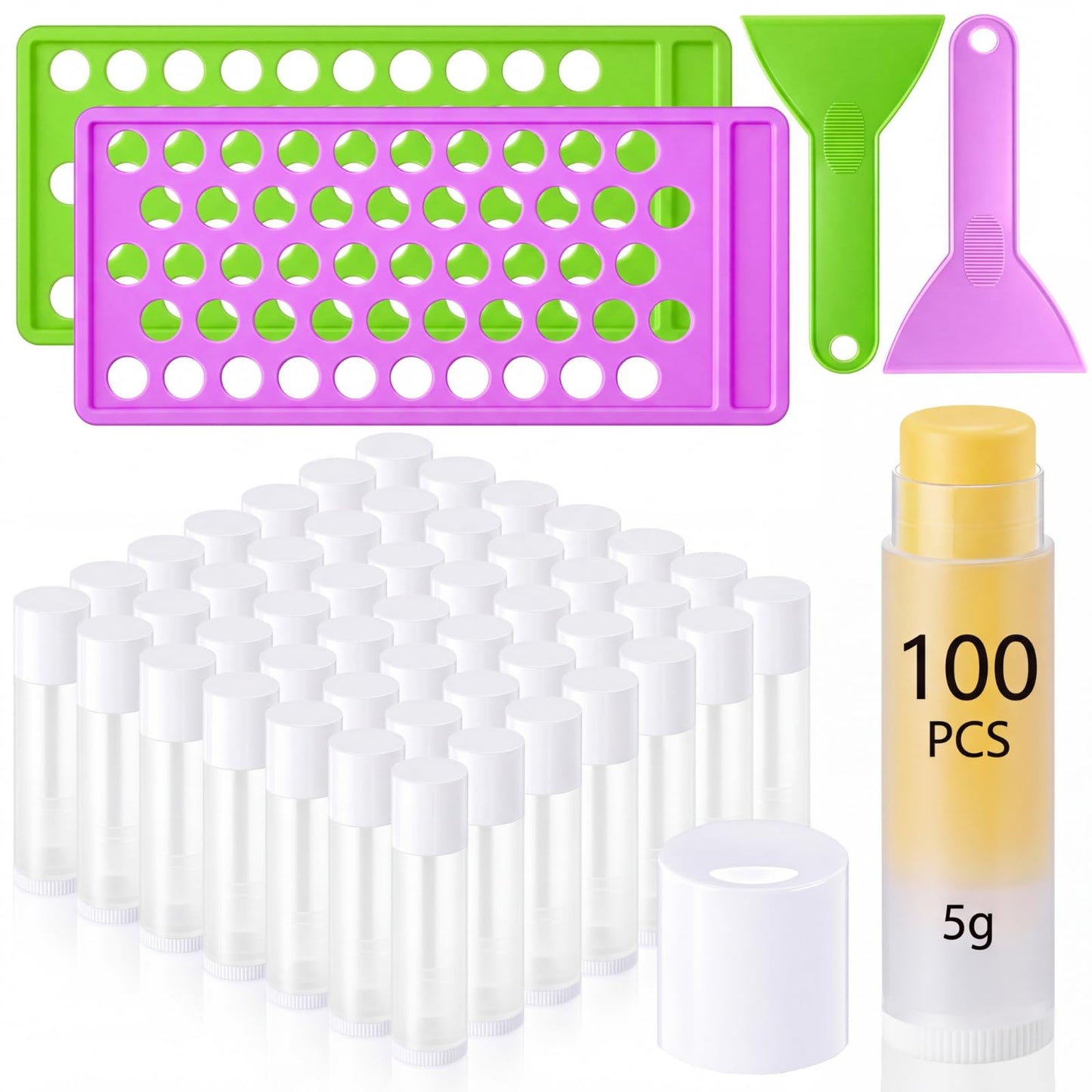 Singhoow 100 Pcs Lip Balm Tubes with 2 Filling Tray and 2 Spatula, 5 g Twist-up Lip Balm Containers with Caps for DIY Homemade Lipsticks, Solid Perfume, Gifts, Bpa Free & Leak Free(White and Clear)