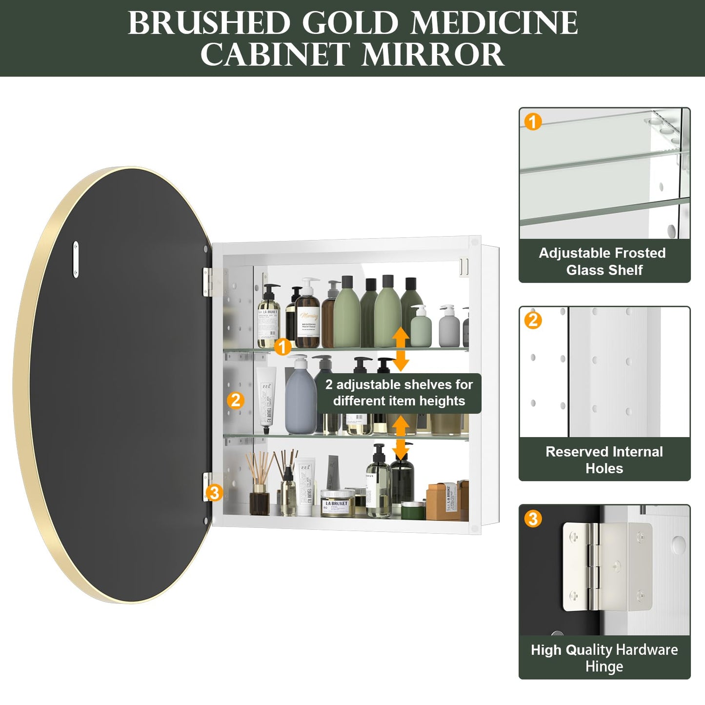WallBeyond Bathroom Medicine Cabinet with Mirror, 28 Inch Gold Round Mirror Medicine Mabinet Wall Mounted with Aluminum Alloy Metal Framed, Surface Mount Medicine Cabinet with Storage