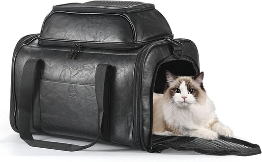 Premium Leather Top Expandable Pet Carrier for Small Dogs & Cats Under 15 lbs, Airline Approved Collapsible Soft-Sided Luxury Travel Bag Black