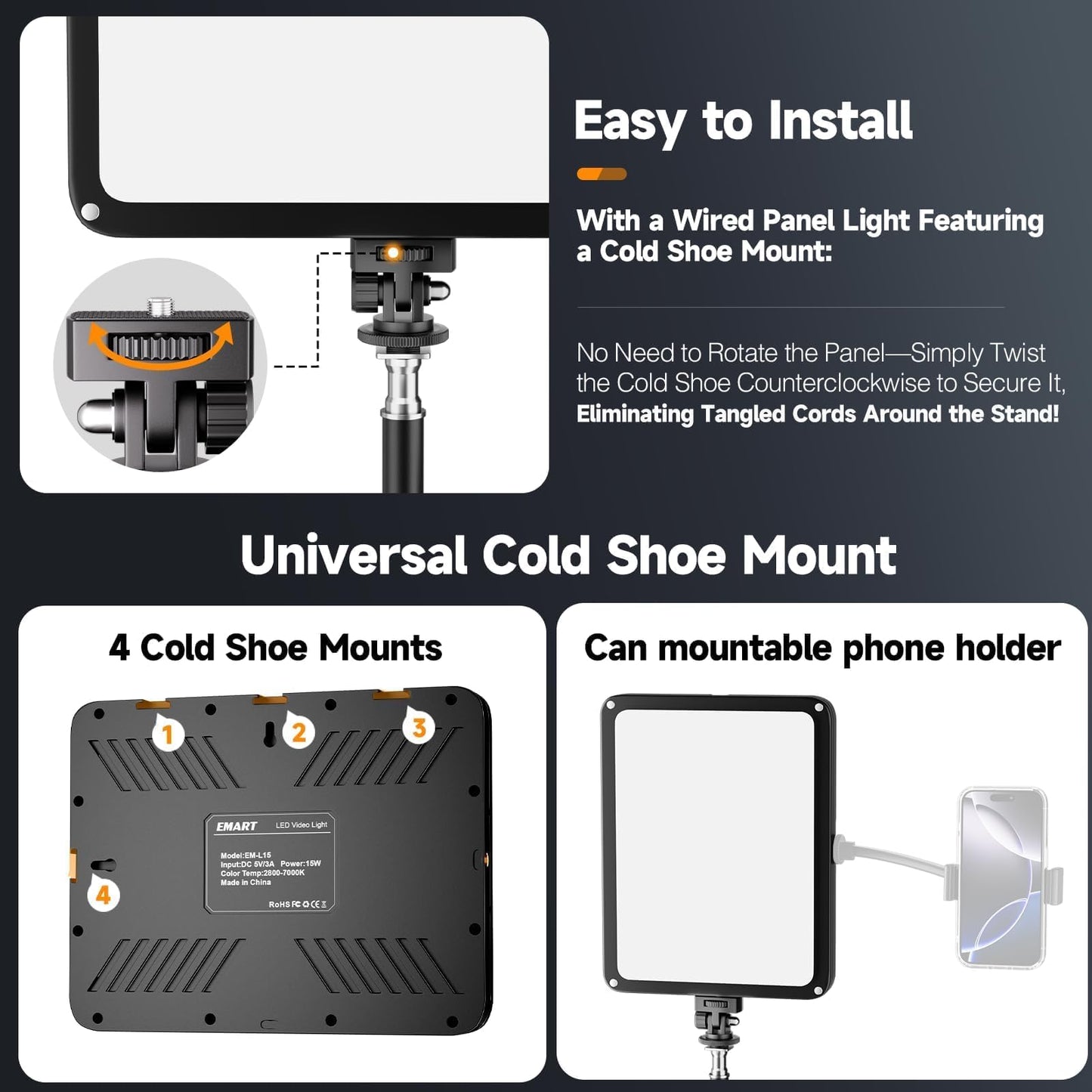 EMART LED Video Light Kit with Phone Holder & Barndoor, 2800-7000K Dimmable Studio Lights for Video Recording, 73'' Height for Live Streaming, YouTube, Vlog, Photography, Content, Podcast, 2-Pack