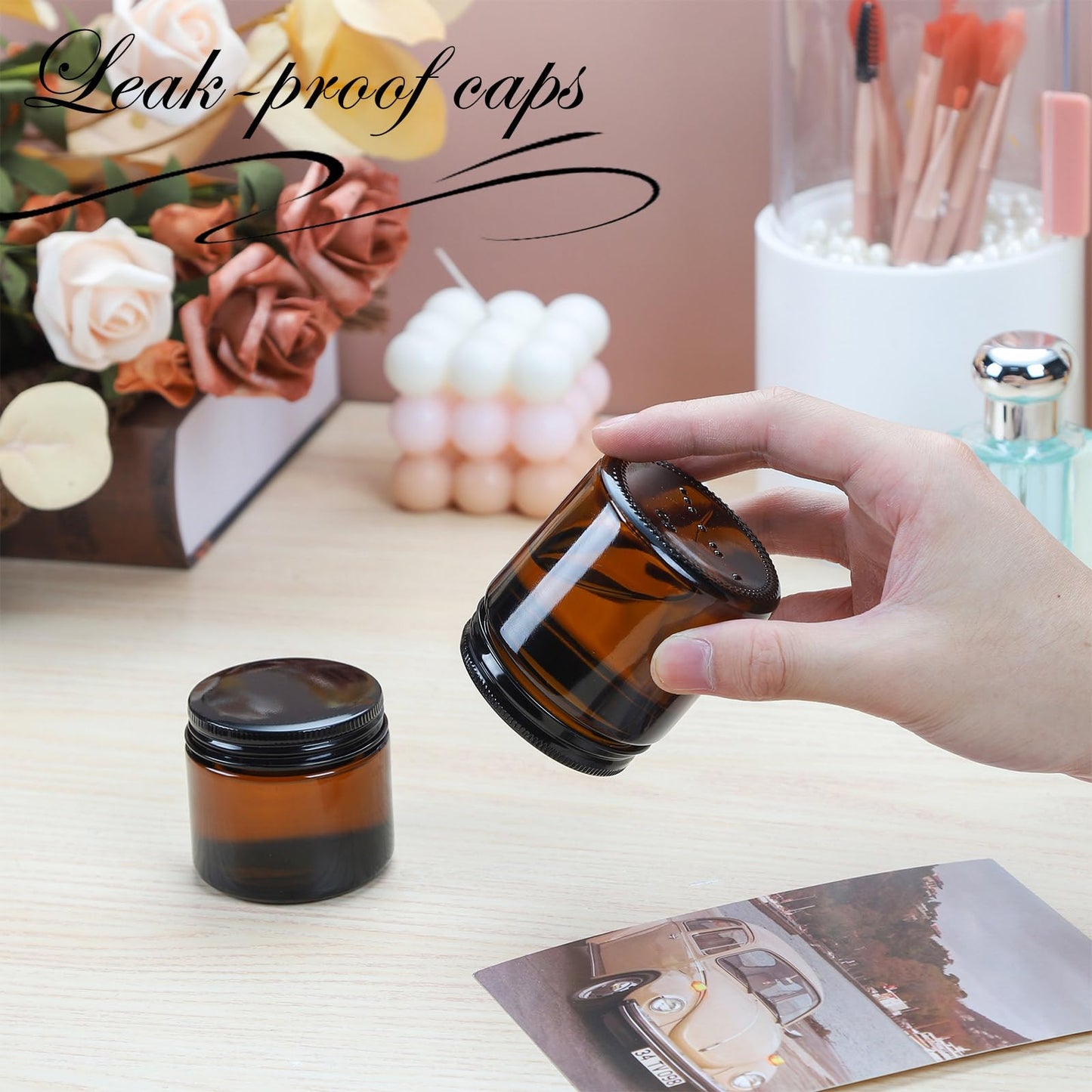 RAMFIYN 2oz Amber Glass Jars with Lids - 12 Pack Cosmetic Containers for Travel, Lotion, Cream