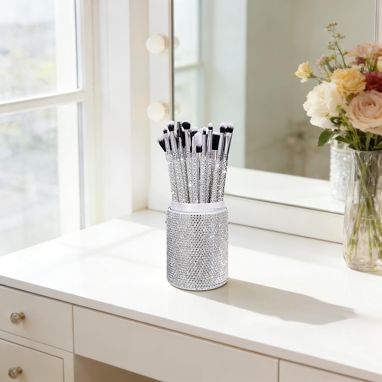 Yivaiks 14 Pcs Silver Bling Makeup Brushes Set Ultra Soft Professional Face Crystal Cosmetics Powder Concealer Eye Shadows Make Up Beauty Tool with Holder