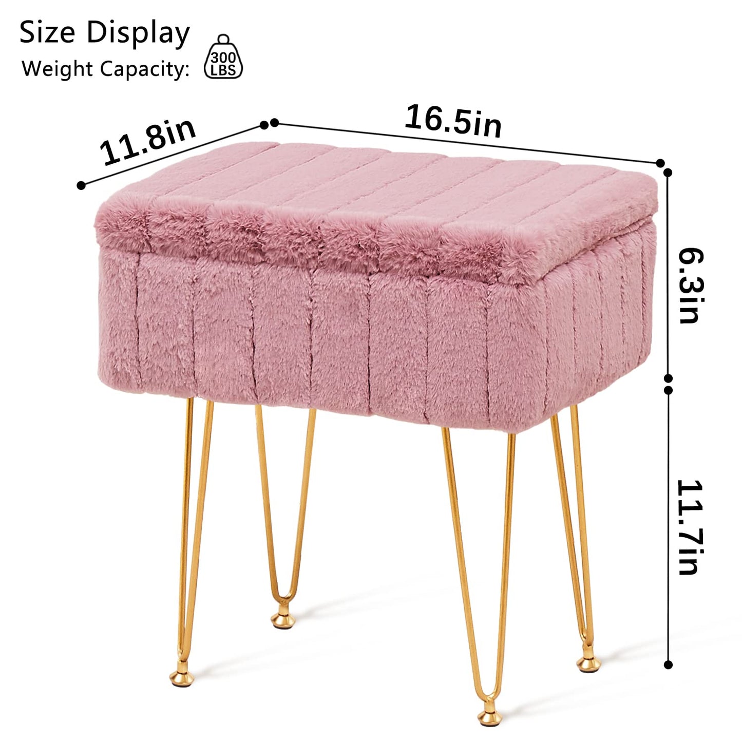 Wimarsbon Faux Mink Fur Storage Ottoman, Modern Soft Footstool, Storage Bench with Metal Legs, Vanity Seat, Fur Stool, Ottoman Coffee Table, Makeup Chair, Vanity Stools for Bedroom (Pink)