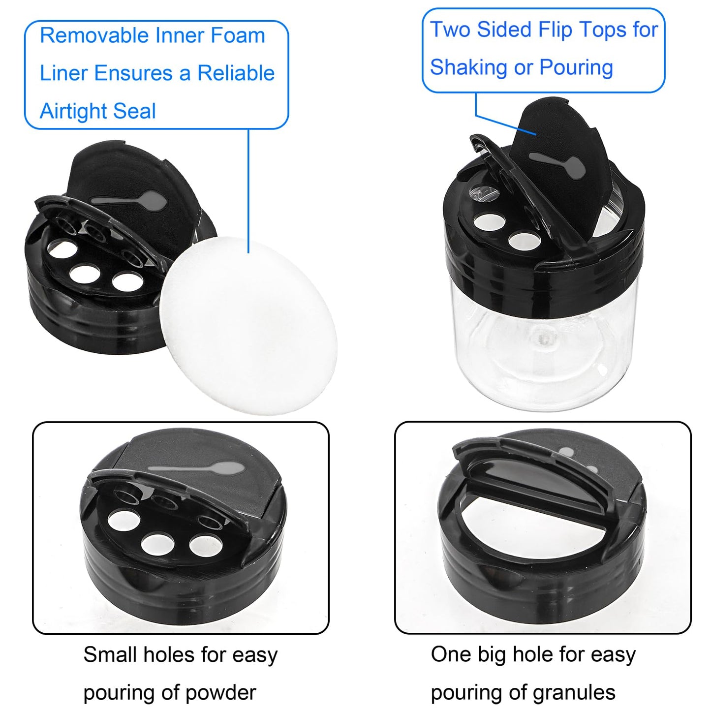 Foraineam 30 Pack Clear Plastic Jars 4 oz Mini Seasoning Bottles Spice Jars with Black Flip Cap to Pour Or Shaker, Round Food Safe Storage Containers with Lids for Spice Powders Cosmetics Crafts