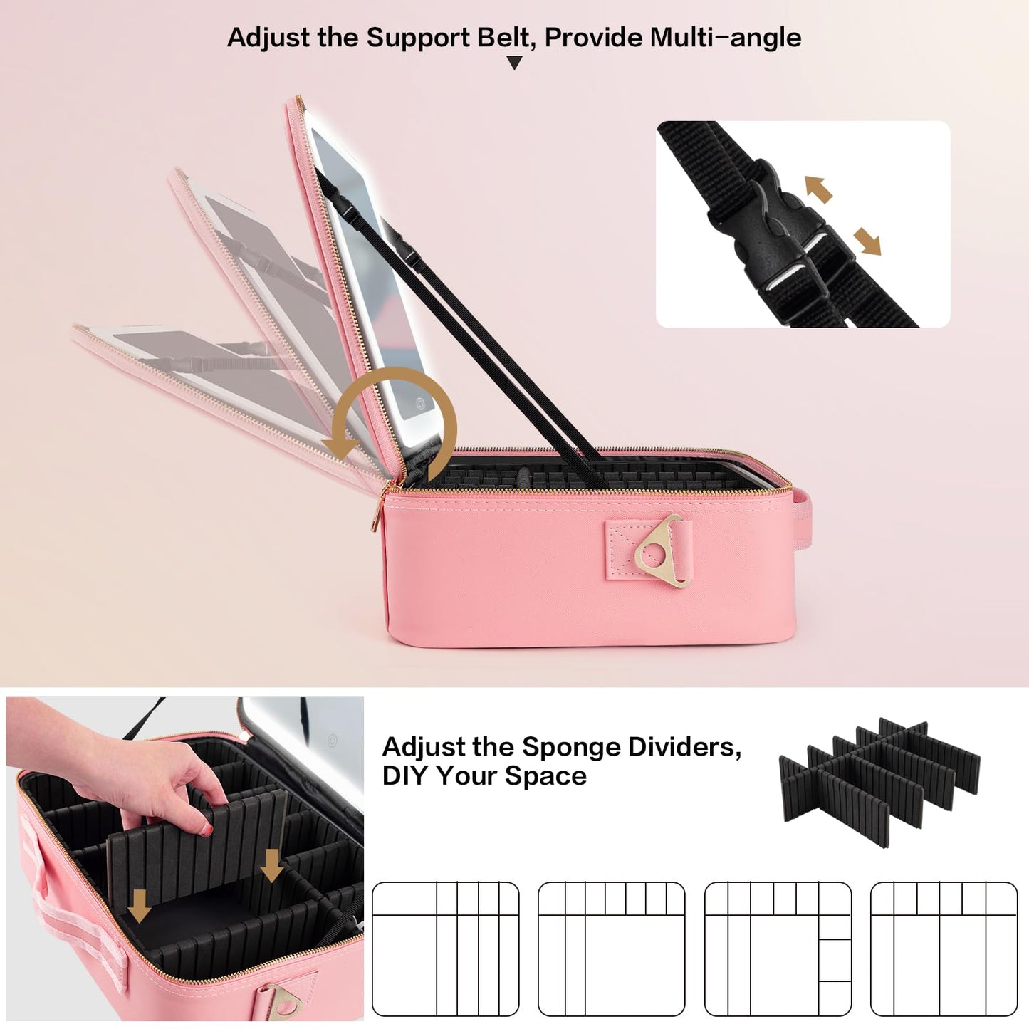 15''X11'' Large Capacity Makeup Bag with LED Mirror, Professional Makeup Case Organizer with 3 Color Light Adjustable Brightness, Travel Make up Cosmetic Case with Detachable Dividers & Shoulder Strap