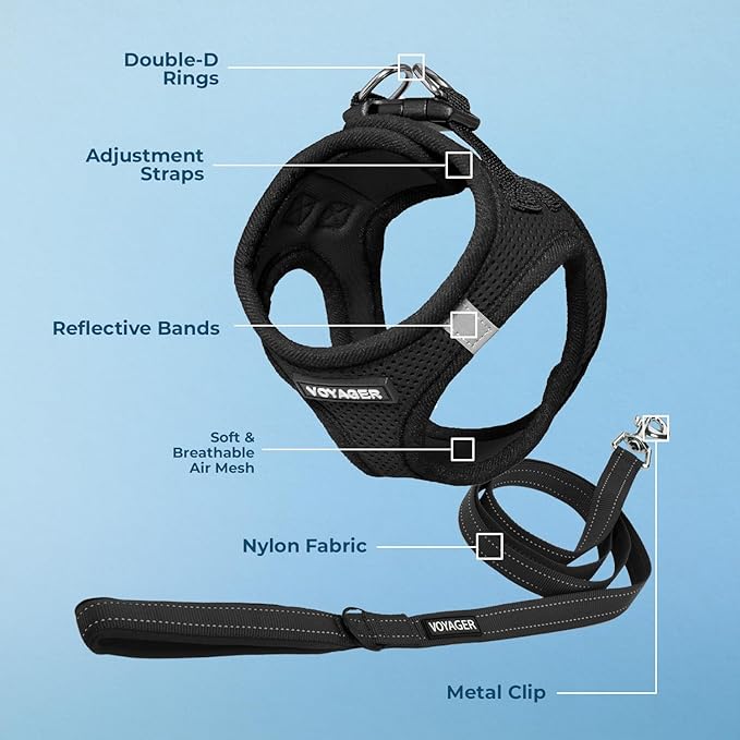Voyager Step-in Air All Weather Mesh Harness and Reflective Dog 5 ft Leash Combo with Neoprene Handle, for Small, Medium and Large Breed Puppies by Best Pet Supplies - Set (Black), L