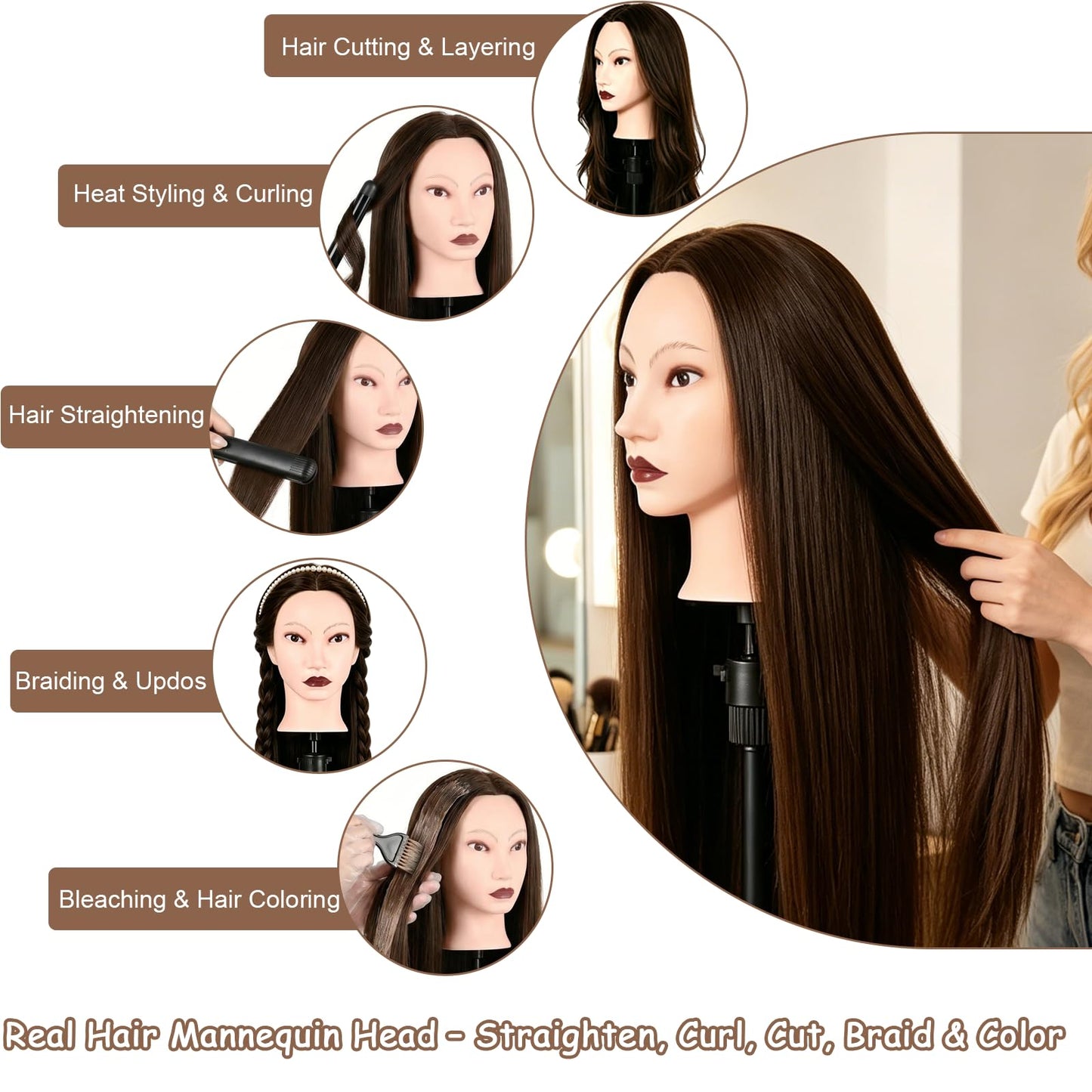 Beauty Star 26 Inch 80% Human Hair Mannequin Head for Hair Practice, Realistic Cosmetology Mannequin for Cutting Braiding Styling, Training Doll Head with Clamp Holder & Styling Tools