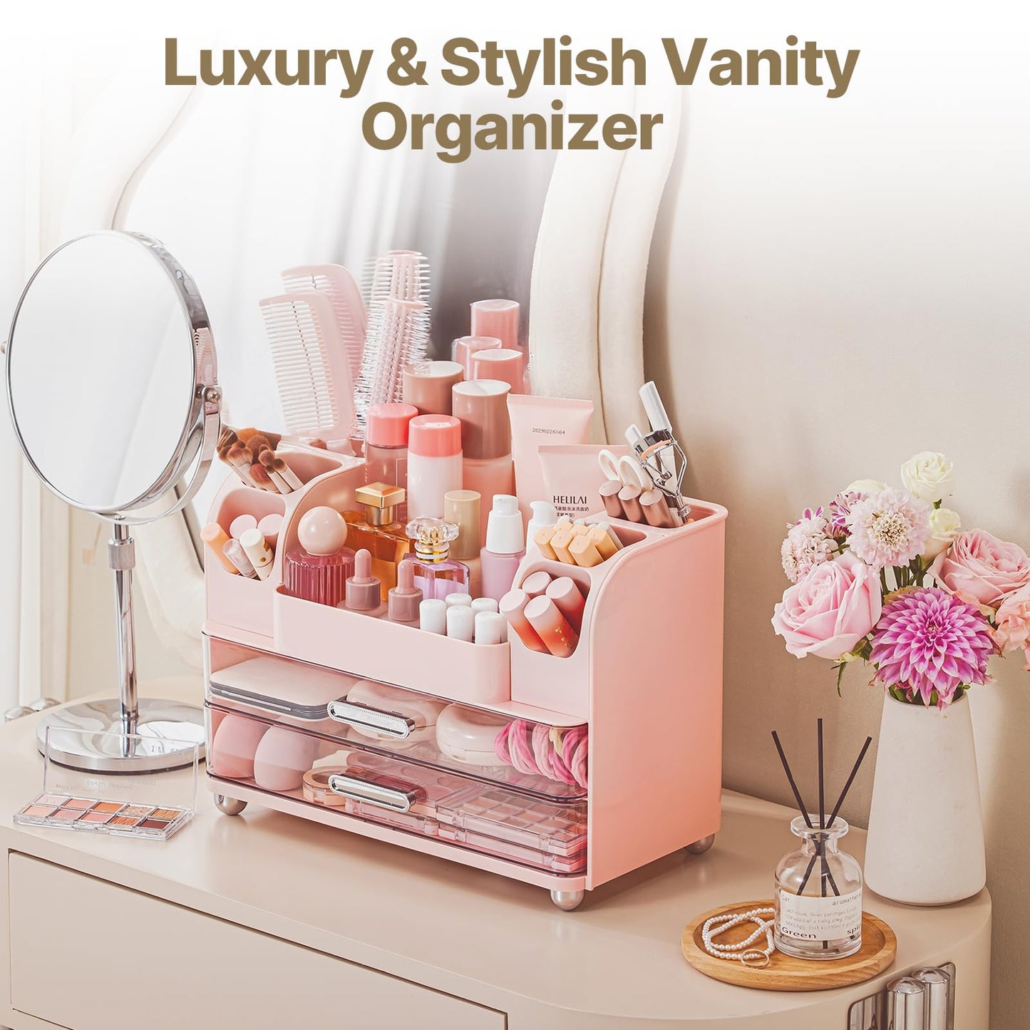 Makeup Organizer with Brush Holder, Makeup Organizer Countertop with 2 Drawers, Make up Organizers for Vanity, Vanity Organizer, Makeup Storage For Skin Cares,Makeup Brushes,Lipsticks,Perfumes(Pink)