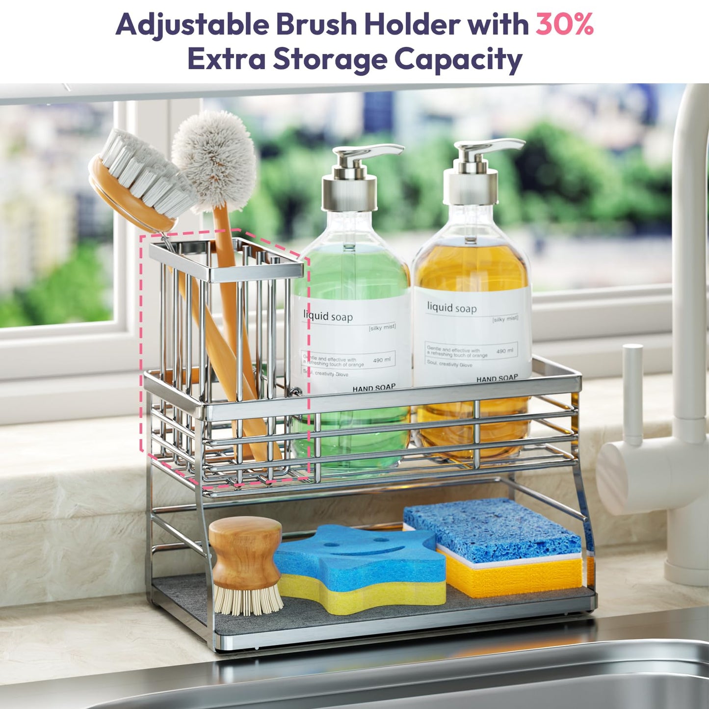 SWTYMIKI Kitchen Sink Caddy Organizer, 2 Tier Sponge Holder for Kitchen Sink with Instant Drying Stone, Removable Brush Holder for Fast Drying on Countertop, Silver