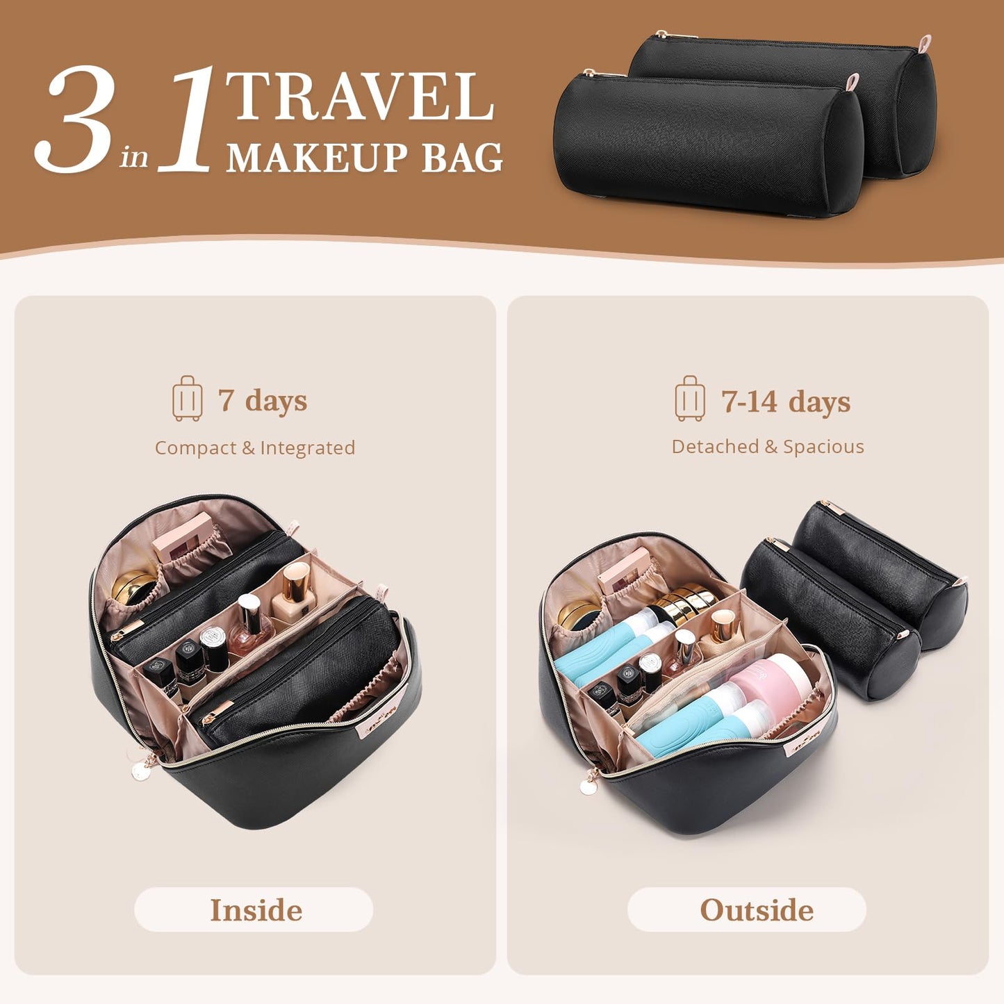 MOT HINN Travel Makeup Bag for Women: 3-in-1 Large Capacity Cosmetics Organizer with 2 Detachable Pouch - Vegan Leather Flat Open Toiletry Bag - Portable Travel Essentials for Full-Sized Bottles-Black