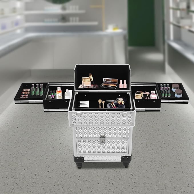 Rolling Makeup Train Case,Multi-functional Cosmetic Trolley with 360° Swivel Wheels Keys,Salon Barber Case Traveling Cart for Nail Technicians Hairstylist (Sliver)