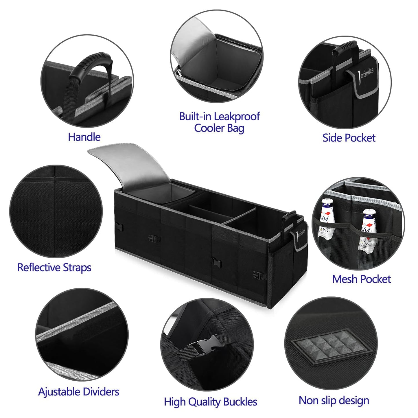 Trunk Organizer With Built-In Insulated Leak Proof Cooler Bag,Collapsible Cargo Organizer For Suv With Non Slip Bottom Strips,3 Large Compartments Foldable Waterproof Portable Car Storage Box