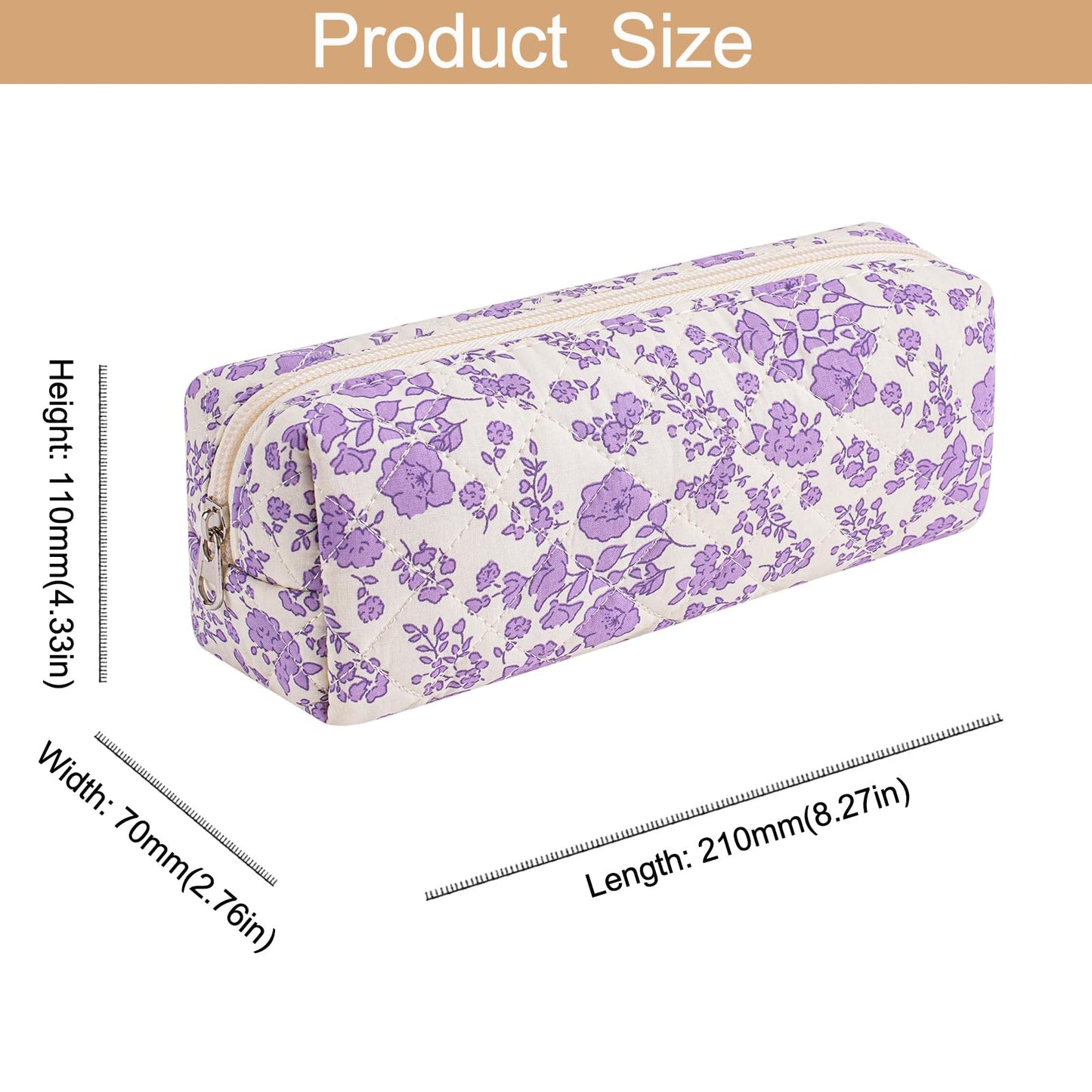 HHQQWZ Cute Floral Cotton Makeup Brush Cosmetic Bag for Women, Travel Quilted Zipper Make Up Bag, Flowers Toiletry Organizer Case Kawaii Makeup Cosmetic Travel Cloth Pouch (Blue+Big Purple Floral)