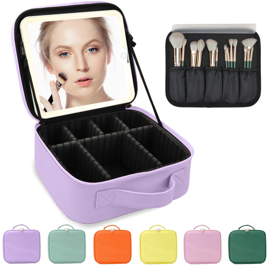 MORMID Makeup Bag with Led Mirror,Large Vanity Makeup Cases with 3 Color Setting,Portable Storage and Adjustable Dividers,for Women and Makeup Artists Cosmetic Organizer Travel Makeup Bag-Purple