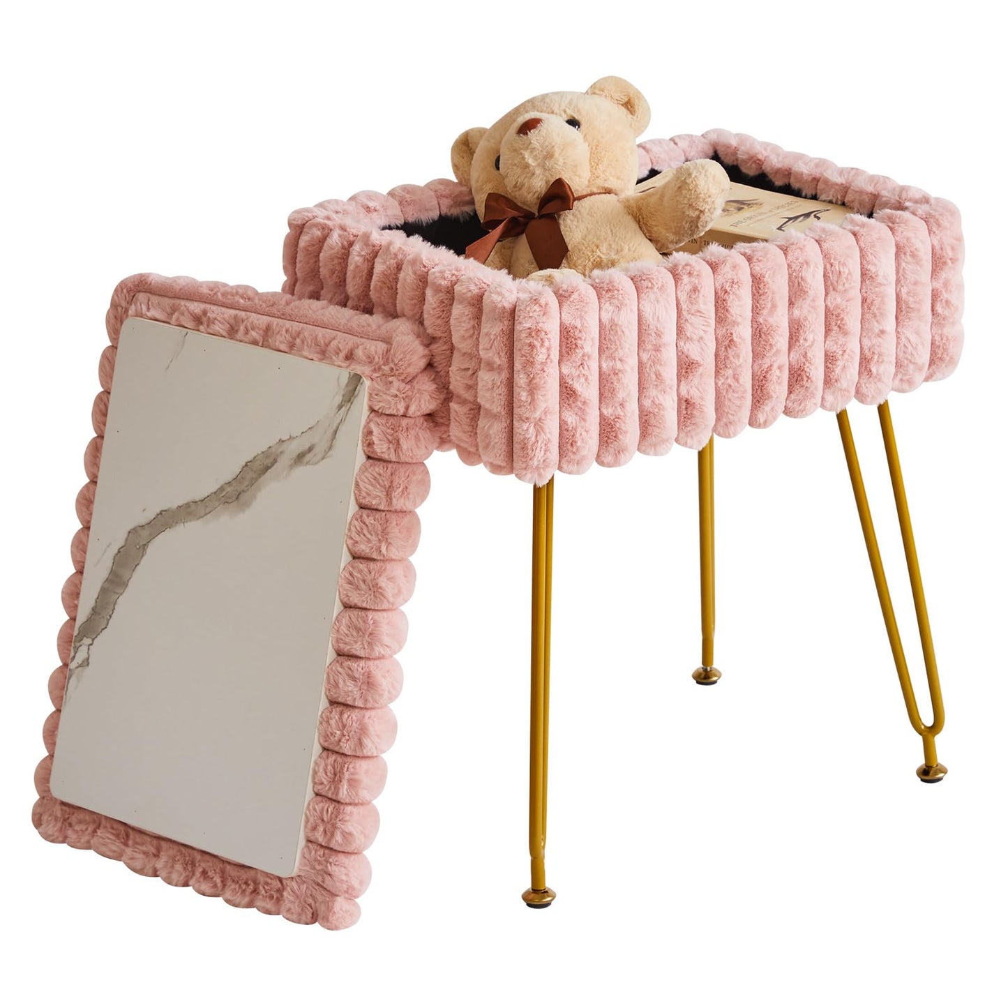 IBUYKE Rectangle Vanity Chair with Storage Space, Footrest Footstool Ottoman, Vanity Stool, Dressing Table Chair, with Anti-Slip Feet, for Makeup Room, Bedroom, Square Grid Pattern, Pink WBD004P