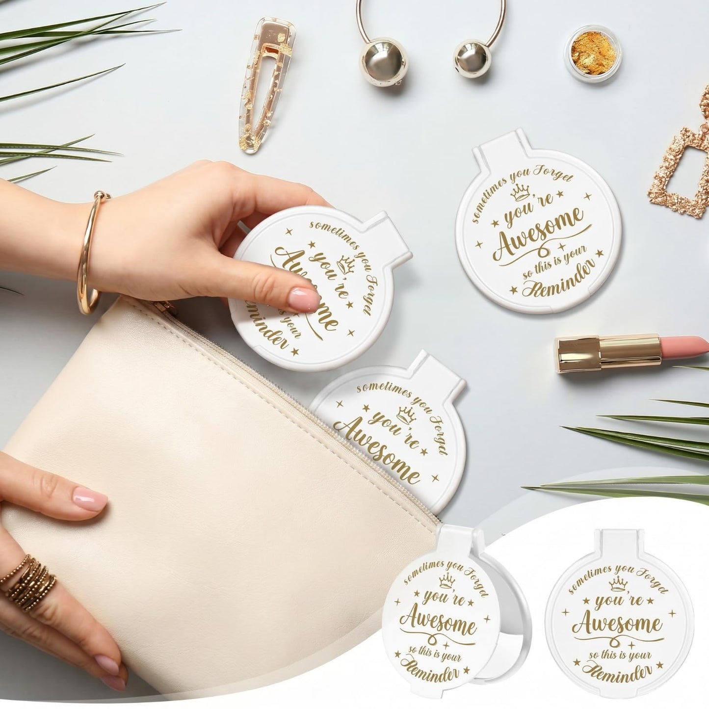 Gulfmew 18 Pcs 2.76 Inch Inspirational Compact Mirror Bulk Women Small Gifts Graduation Mothers Day Party Favors Purse Mirror Pocket Mini Items for Adult Coworker Cheerleader Swag Bag (White)