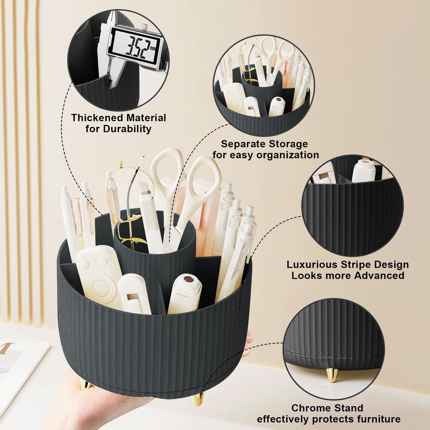 Makeup Brush Holder Organizer,360° Rotating Makeup Brush Organizer,5 Slot Make up Brushes Cup for Cosmetics, Nail Polish, Art Supply, Bathroom Vanity Desktop Organizer - Black