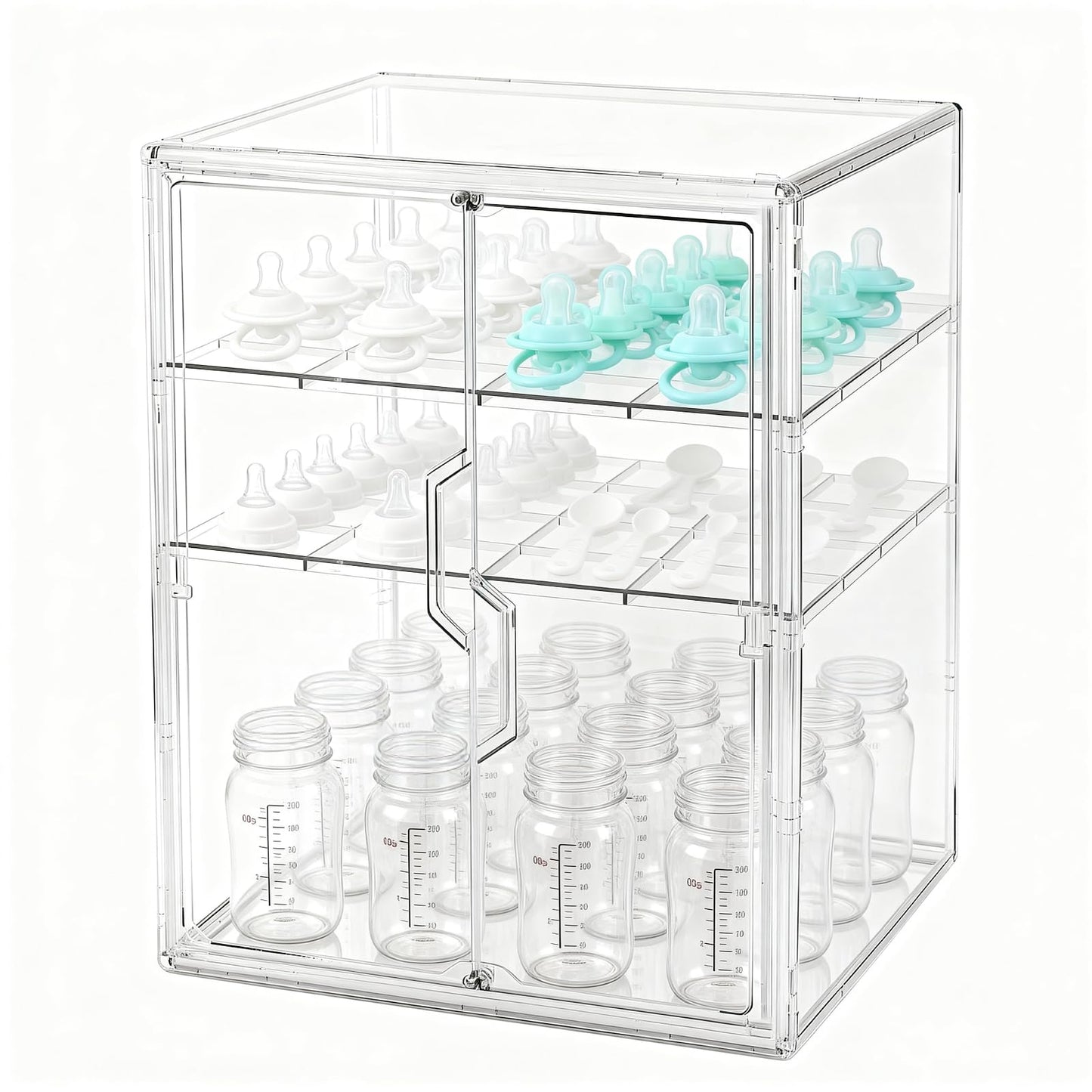 Baby Bottle Organizer, 3-Tier Bottle Storage for Countertop with Double Magnetic Doors, Clear Plastic Bottle Station Organizer Mom Gifts with 2 Dividers for Kitchen, Bathroom, Cabinet, Vanity