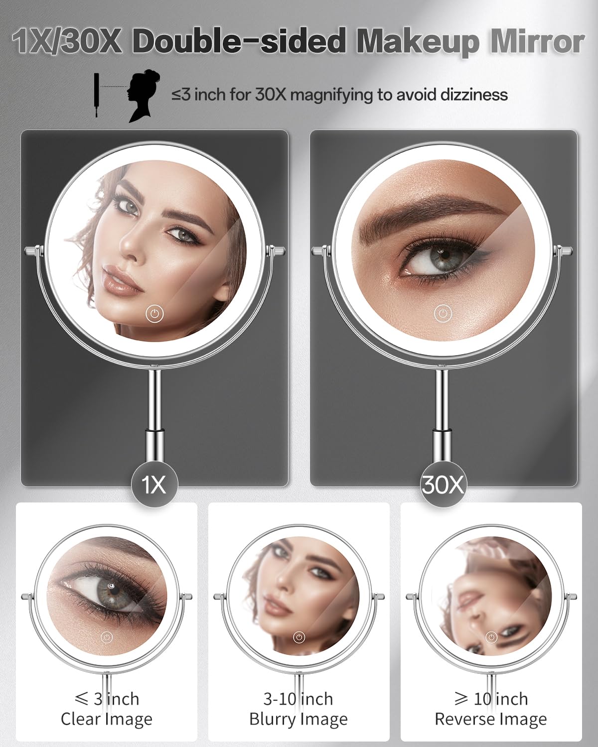 VFD 30X/1X Makeup Mirror with Lights, Height Adjustable Lighted Magnifying Vanity Mirror with 3 Lighting and Adjustable Brightness, 3000mAh Rechargeable Double Sided Switch