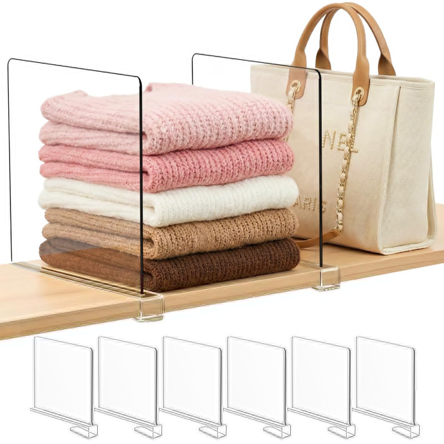 Saccik Purse Organizer for Closet Shelf Dividers: 11-inch Tall(Higher Version) Adjustable Clear Acrylic Bag Storage Organizer for Handbags, Sweaters, Towels, Jeans and Shoes on Wood Shelves 6-Pack