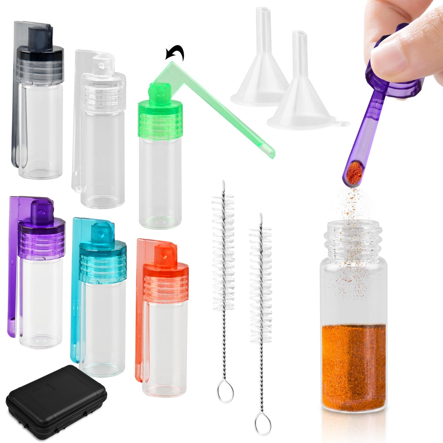 NOVYQREN Mini Glass Spice Jars Set,with 6 Pcs Mini Seasoning Bottles and Storage Box Leak-Proof Refillable Spice for Salt, Pepper, and Barbecue Seasoning for BBQ RV and Picnic(11 pcs)