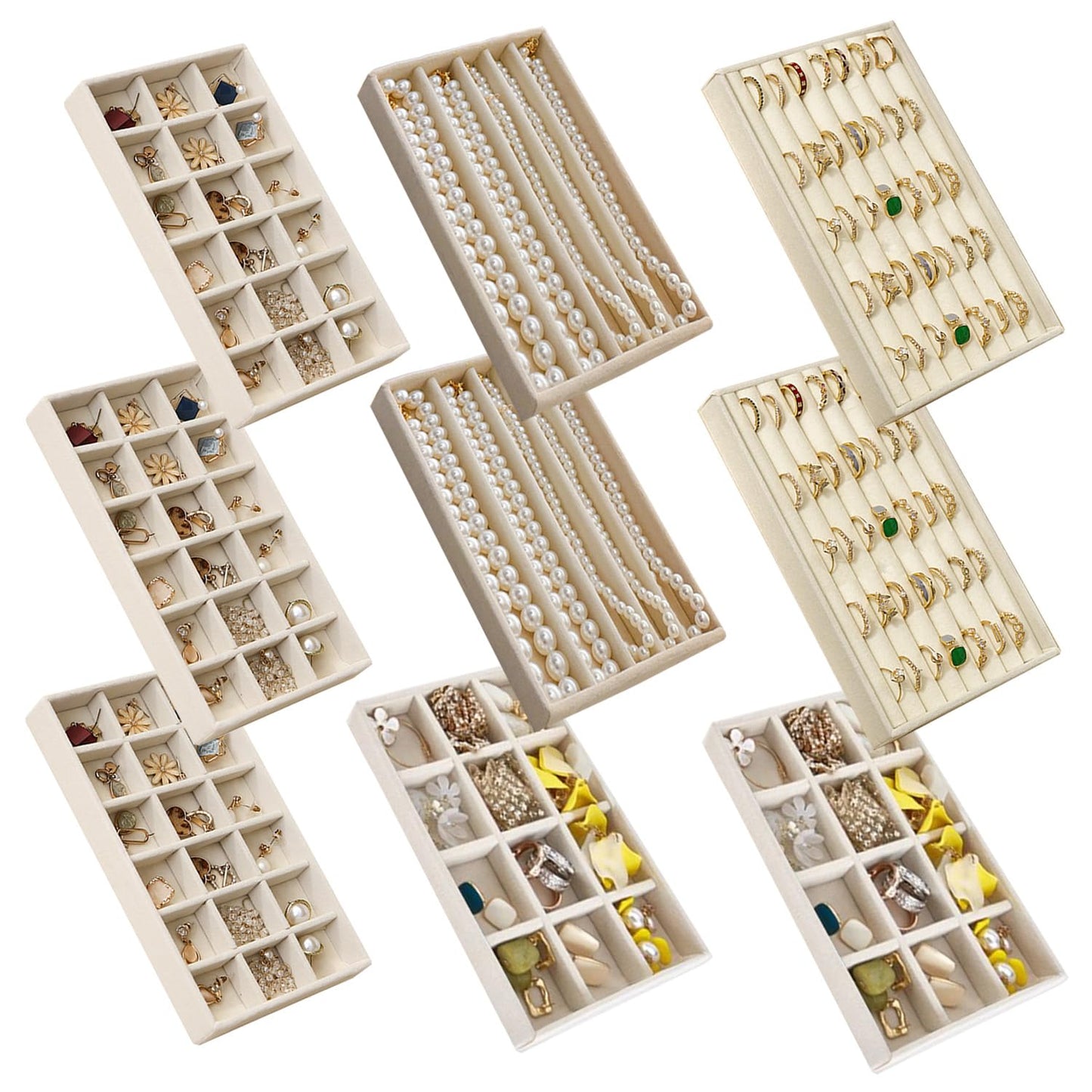 SPAKOWN Jewelry Organizer for Drawer, Adjustable Velvet Jewelry Tray, Stackable Necklace Organizer Earring Holder Organizer Ring Tray Jewelry Storage Display Drawer Inserts Set of 9 (Beige)