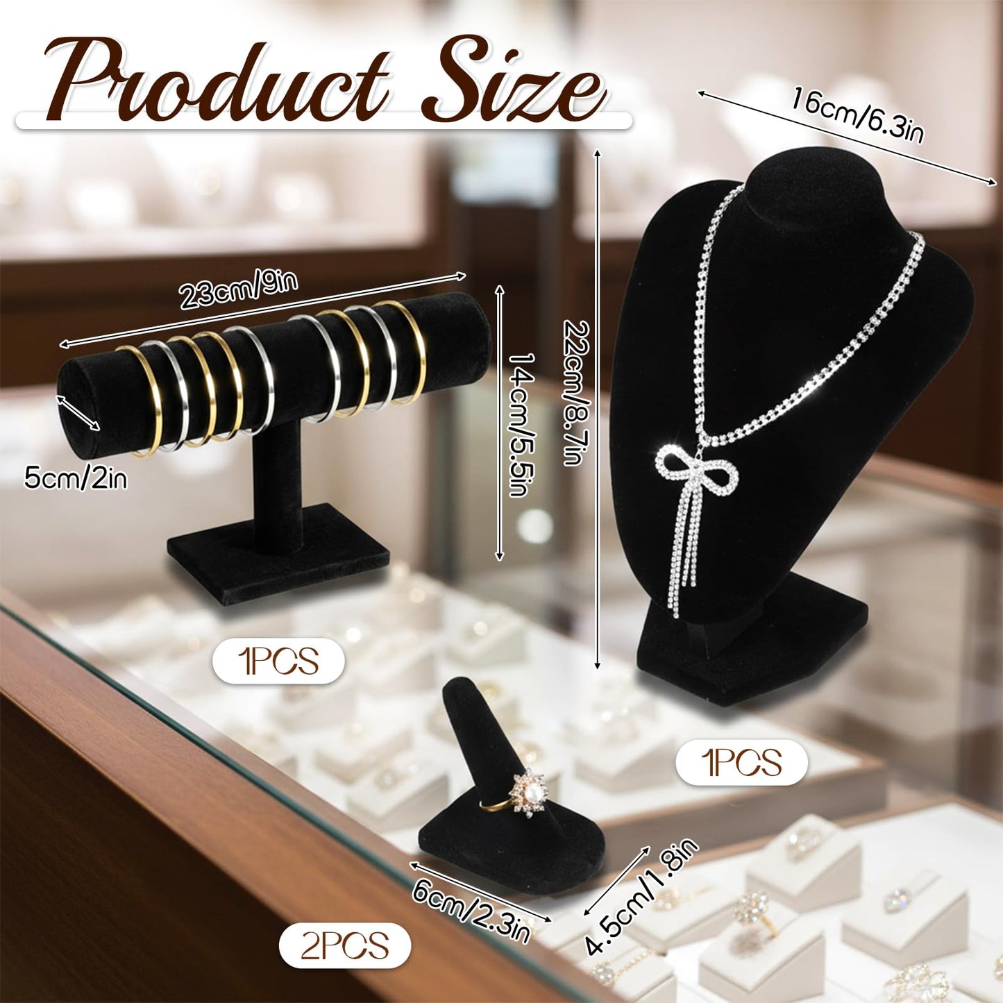 4 Pcs Velvet Jewelry Display Set, Velvet Necklace Bust Holder 2 Pcs Velvets Ring Finger Jewelry Holder Bracelet Organizer for Necklaces, Bracelets, Bangles, Chains, Anklets for Jewelrys Showcase