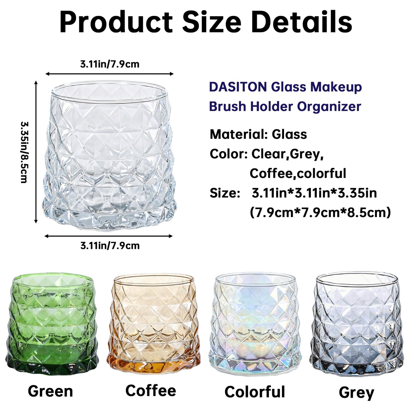 DASITON Glass Makeup Brush Holder Organizer, Diamond Pattern Cosmetic Storage Cup, Makeup Organizer for Vanity, Bathroom Countertop Toothbrush Holder, Desk Pen Pencil Holder (Clear)