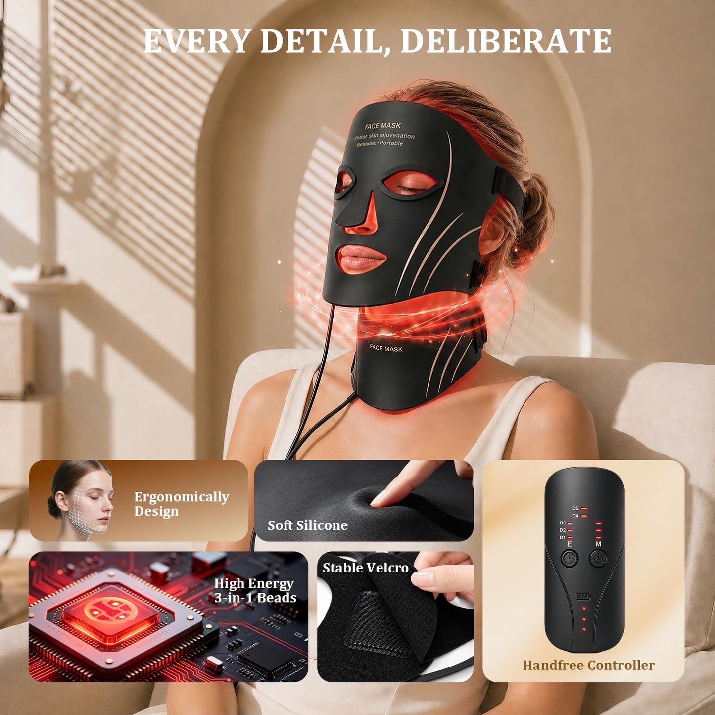 Red Light Therapy Mask for Face & Neck Skin Care, 7-Color Infrared Facial Mask with 309 LED Chips, 5 Brightness, Rechargeable Controller for Anti-Aging, Skin Firming & Radiant Glow at Home (Black)