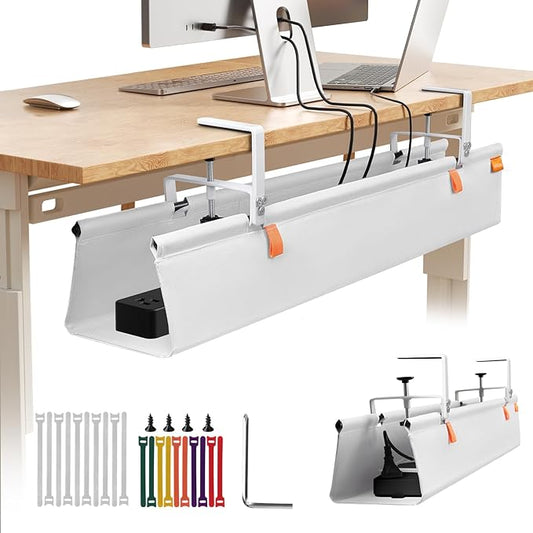 Under Desk Cable Management Tray, No Drill Desk Cord Organizer with Clamp, 36" Fabric Cable Management for Standing Desk Office & Home, White